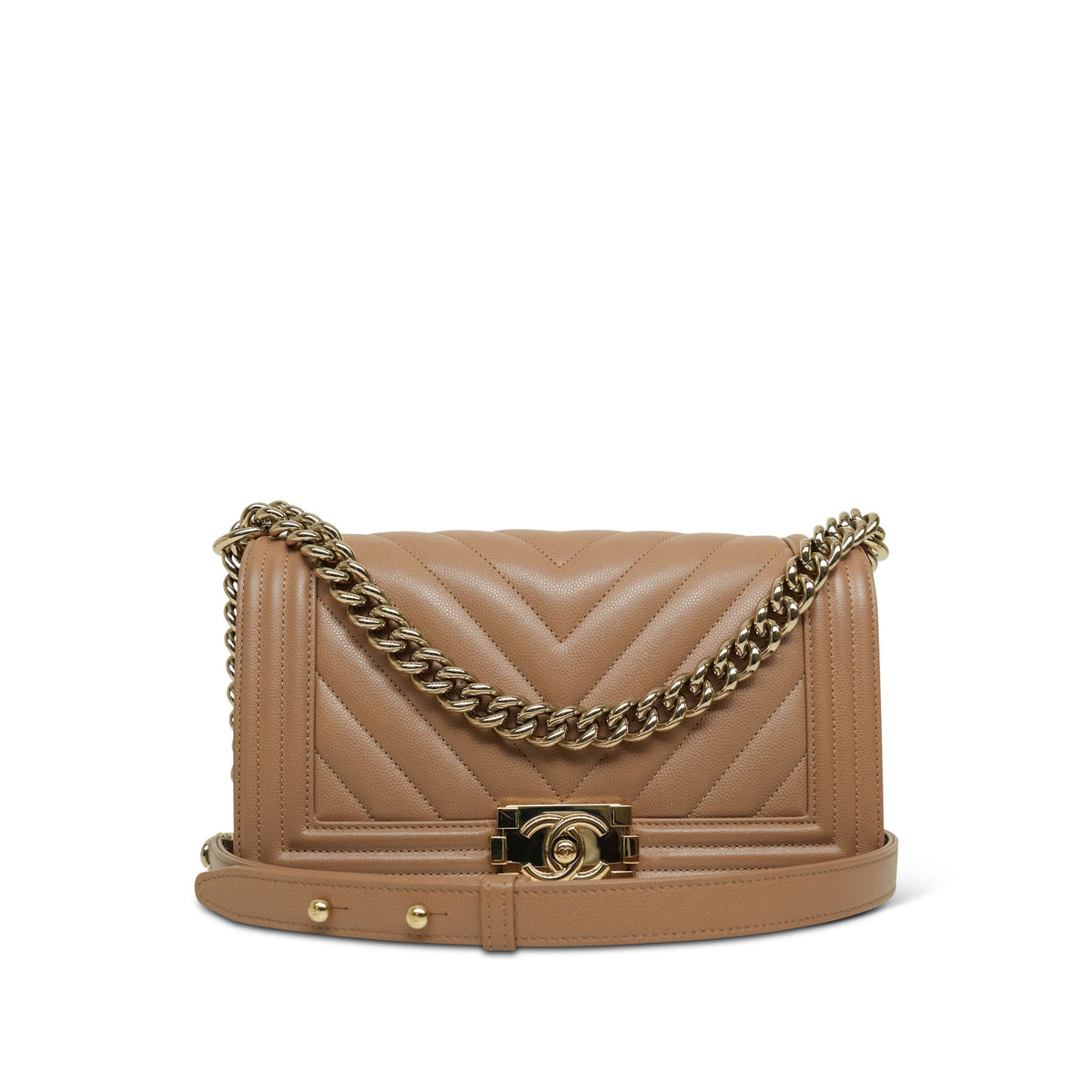 22B Dark Beige Caviar Chevron Boy Bag Old Medium Light Gold Hardware