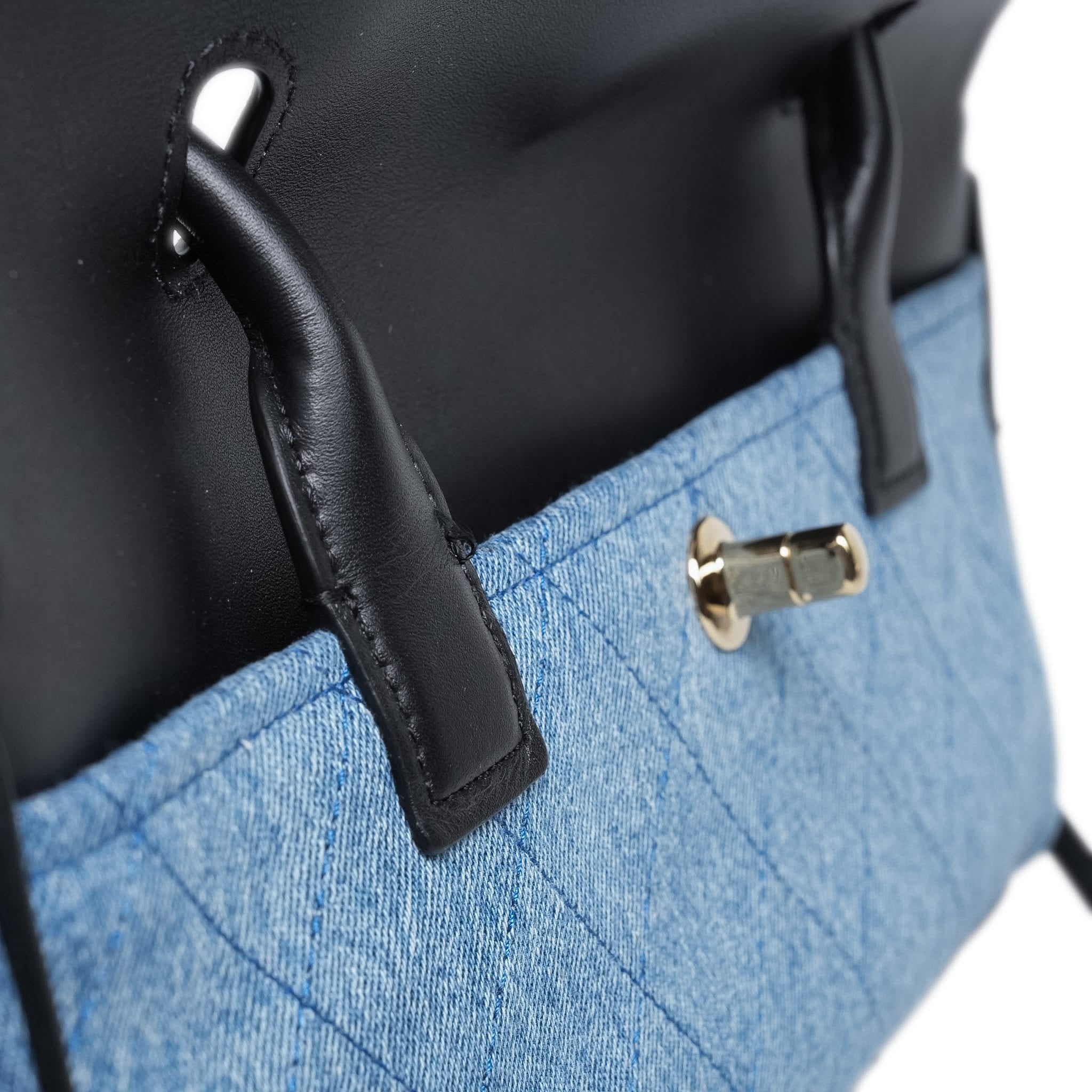 Product image 15 of 16: 26A Black Calfskin/ Denim Quilted Urban Essentials Shopping Bag Small Gold Hardware