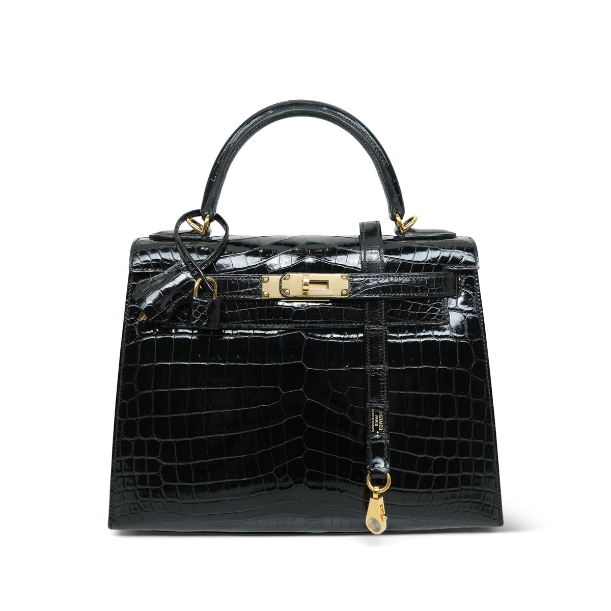 Kelly Sellier 28 Black Crocodile Niloticus Gold Plated R Square Stamp