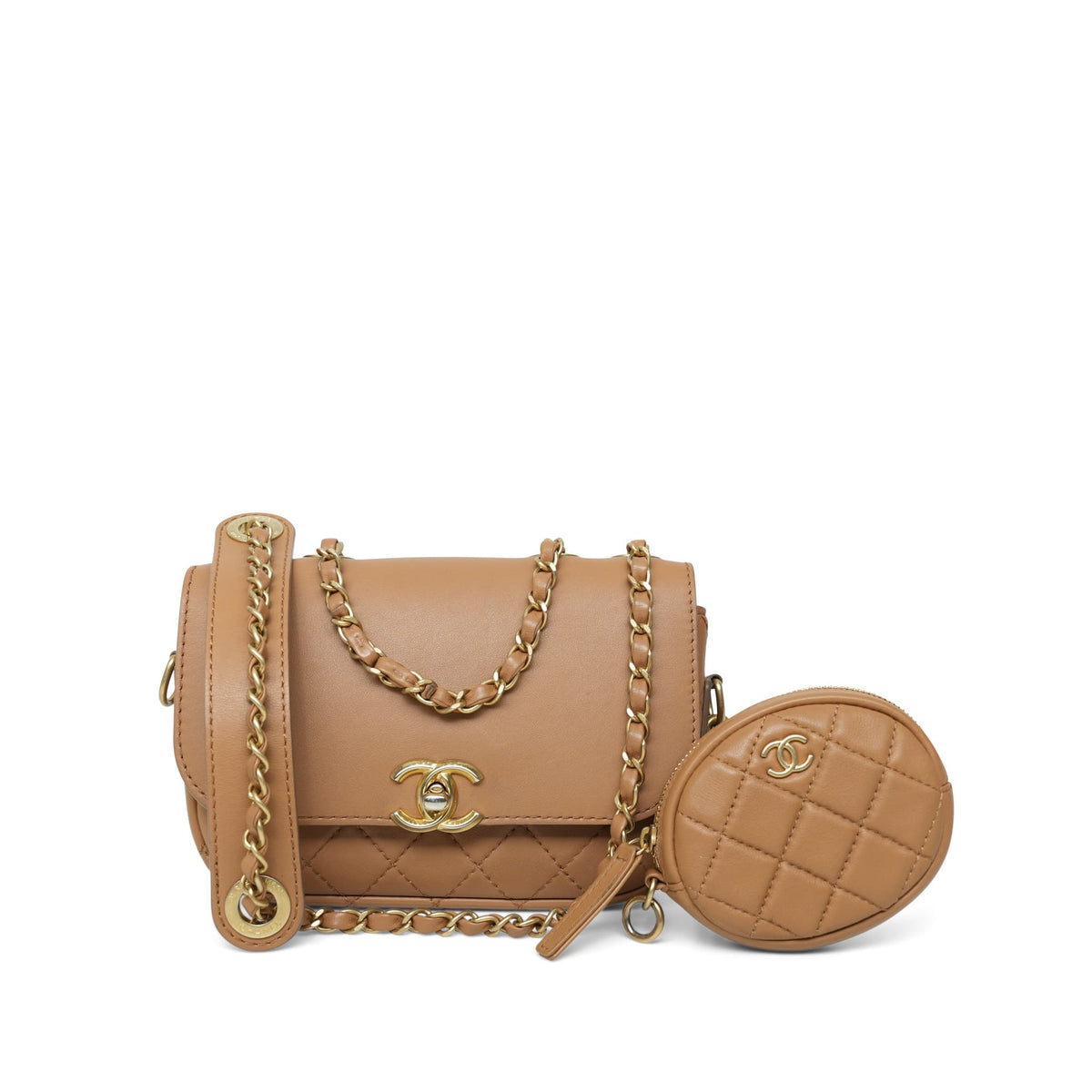 Dark Beige Calfskin Quilted Multi Pouching Flap Aged Gold Hardware