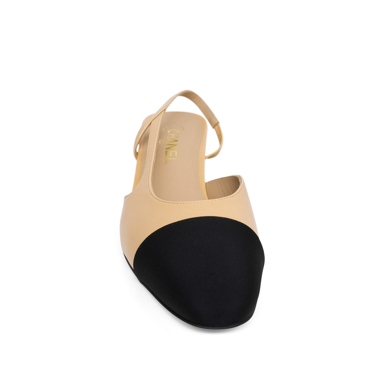 Chanel Beige Black Goatskin Grosgrain Cap Toe CC Slingback Pumps Size 41.5