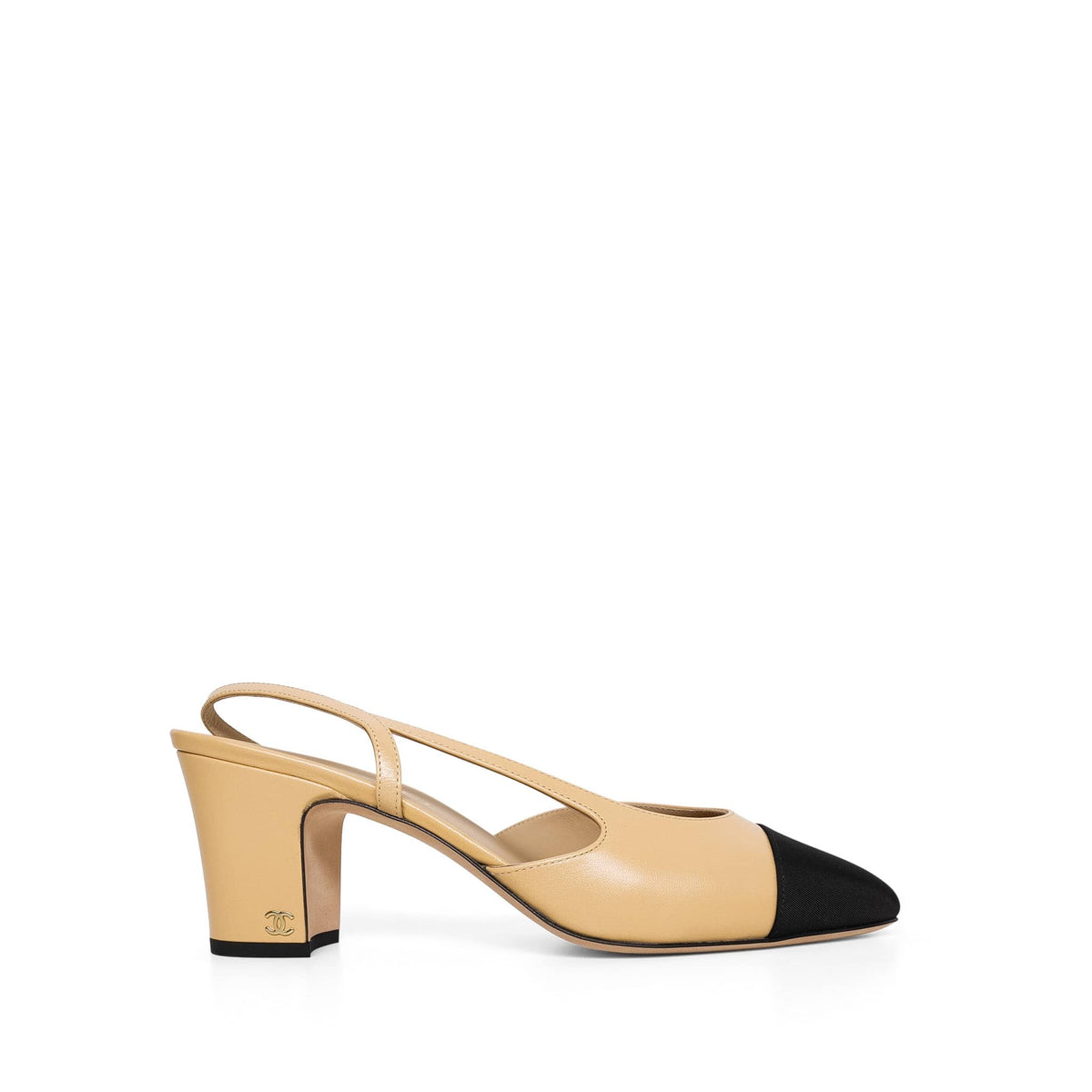 Chanel Beige Black Goatskin Grosgrain Cap Toe CC Slingback Pumps Size 41.5