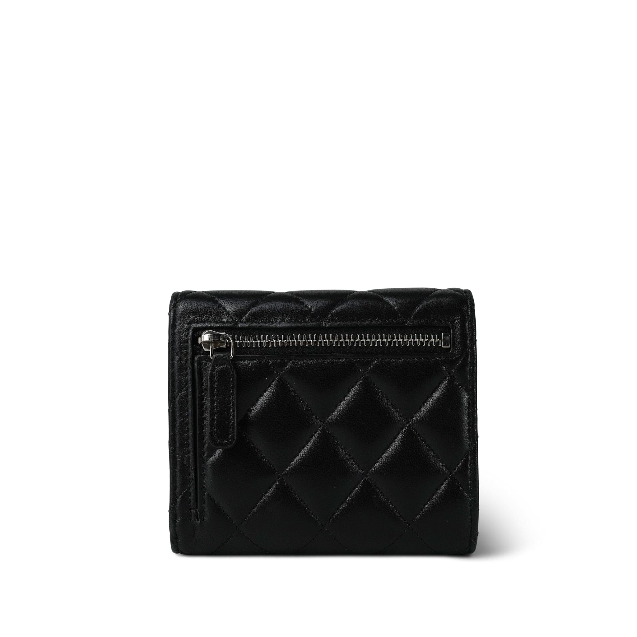Black Lambskin Quilted Classic Small Flap Wallet Silver Hardware
