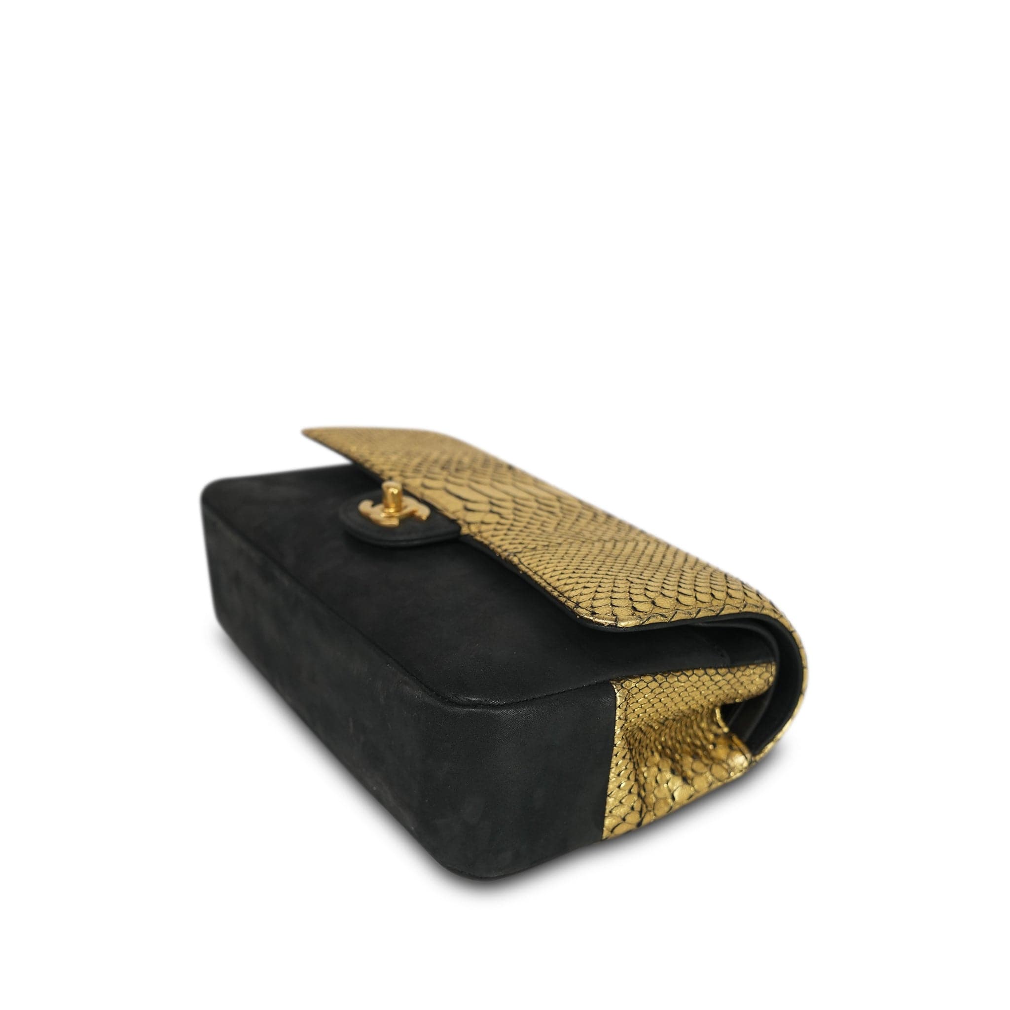 Gold Python/Black Suede Classic Flap Medium Aged Gold