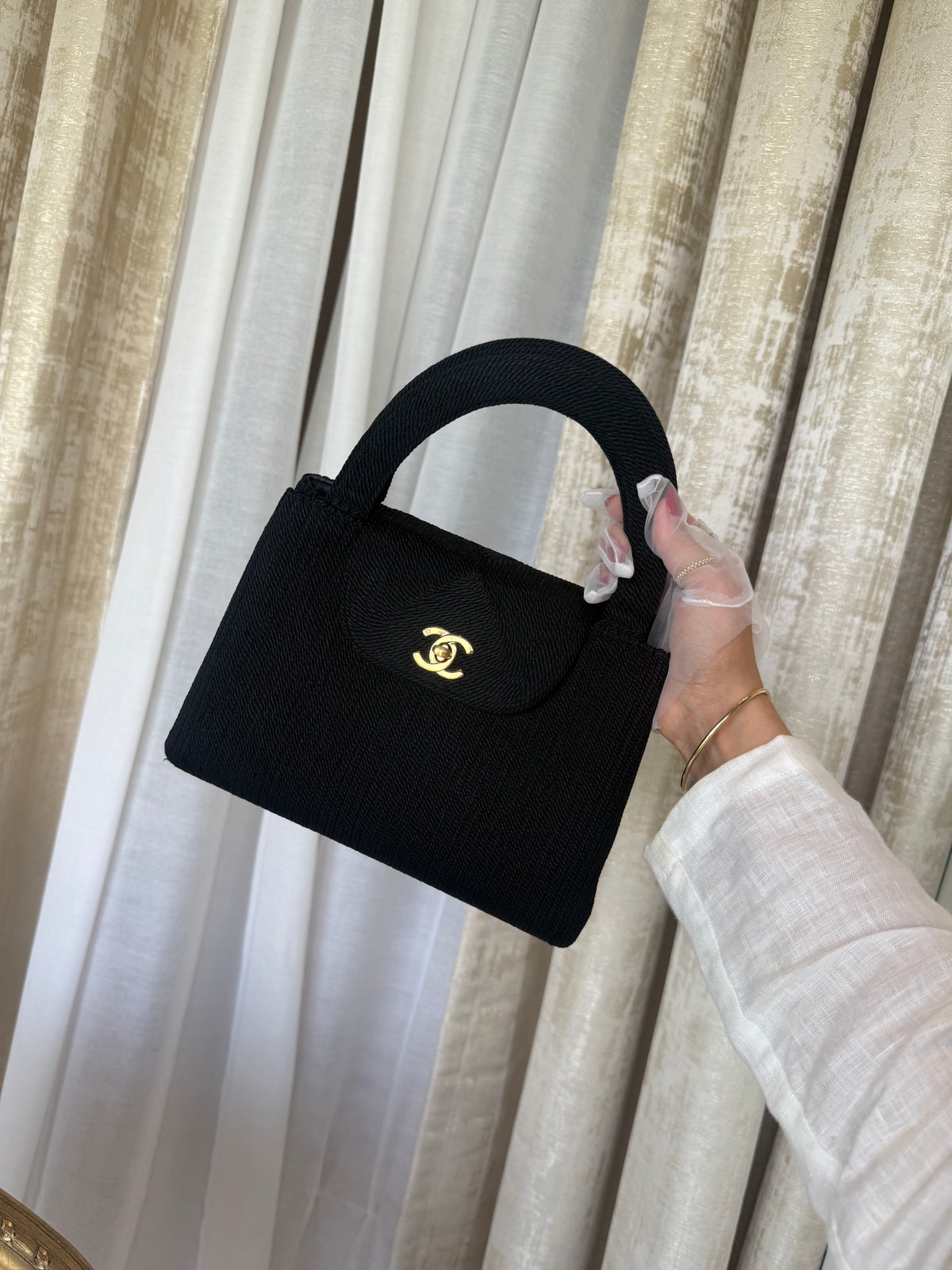 Black Rope Woven Kelly Shopper Large Gold Hardware