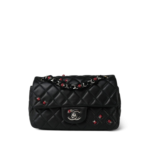 Black Lambskin Quilted Lady Bug Mini Rectangular Flap Silver