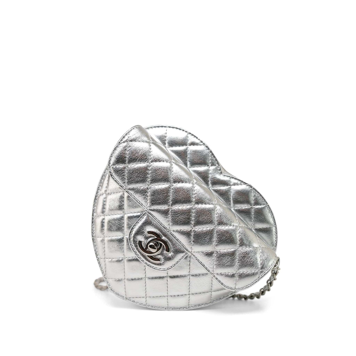 25B Metallic Silver Lambskin Quilted Heart Bag Large SHW