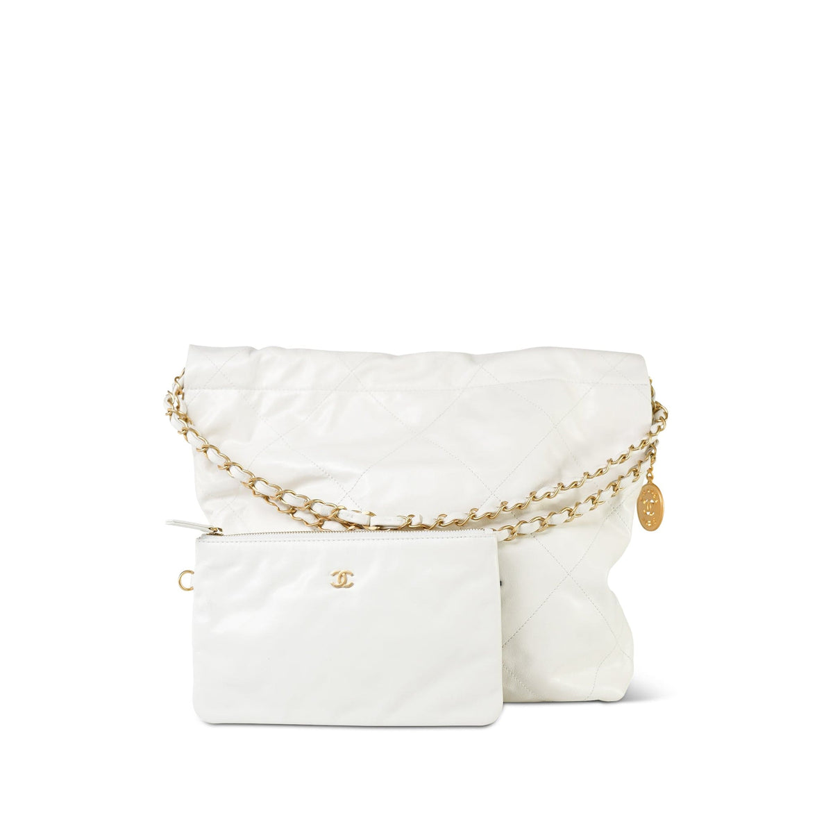 22S White Calfskin Quilted 22 Small Hobo Bag Black/Aged Gold Hardware