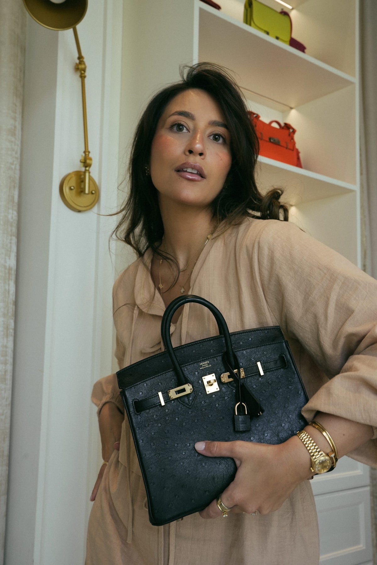 Birkin 25 Black Ostrich Rose Gold Plated Z Stamp