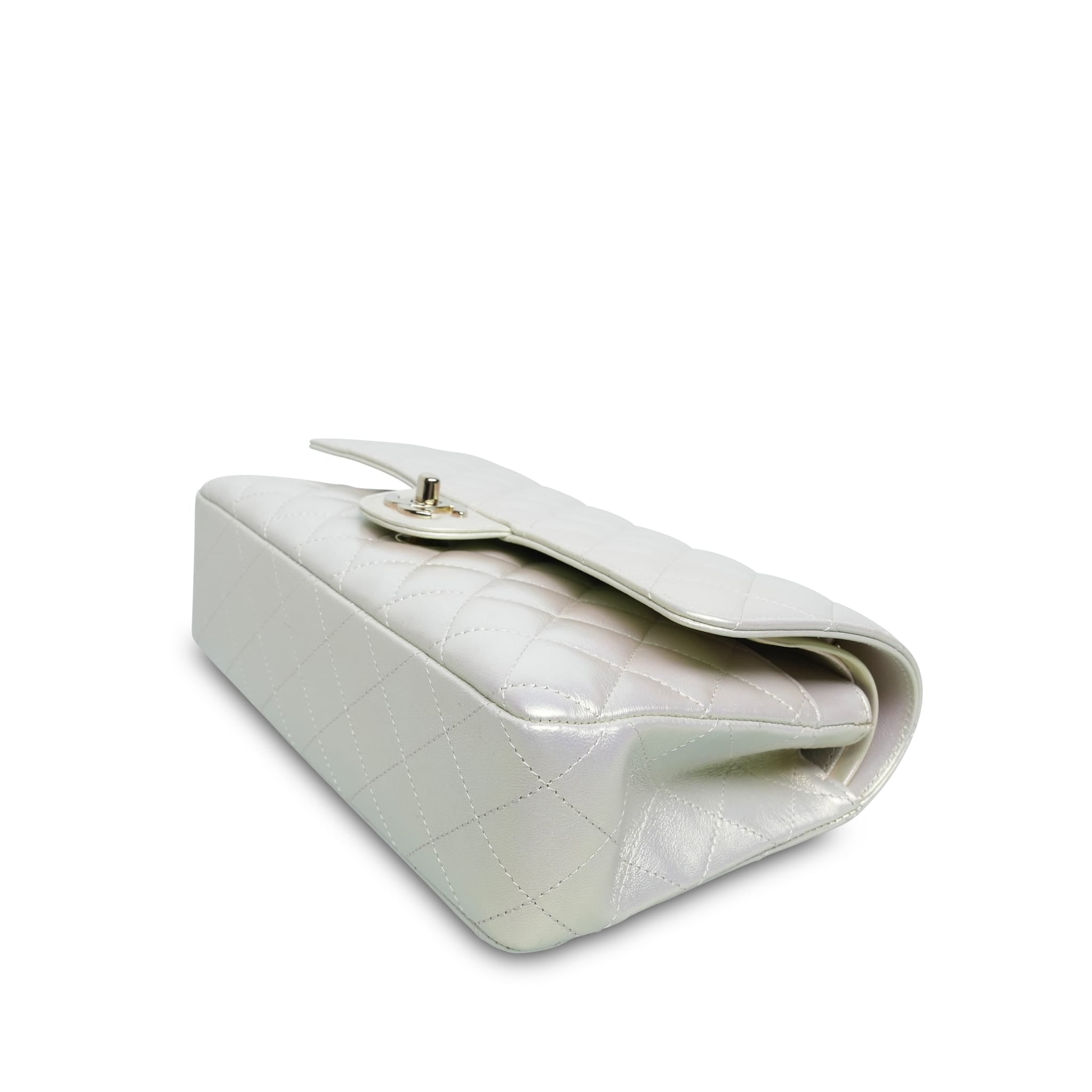 Product image 11 of 16: 20B White Iridescent Calfskin Quilted Classic Flap Medium Light Gold Hardware