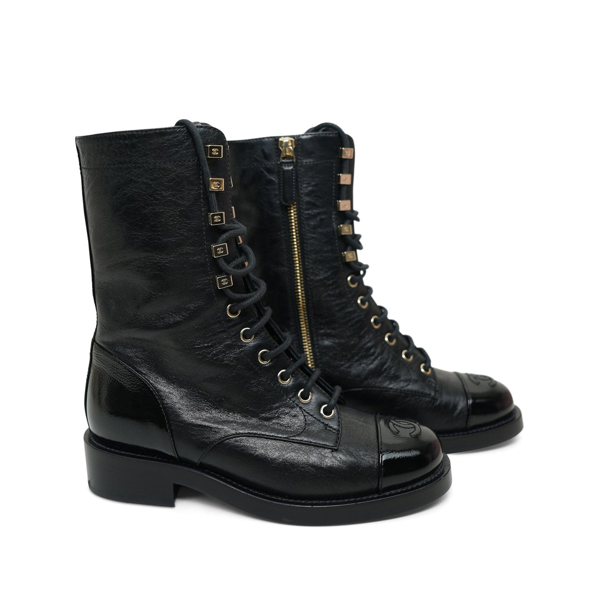 21P Black Crumpled Lambskin & Shiny Calfskin Lace Up Combat Boots Size 35.5