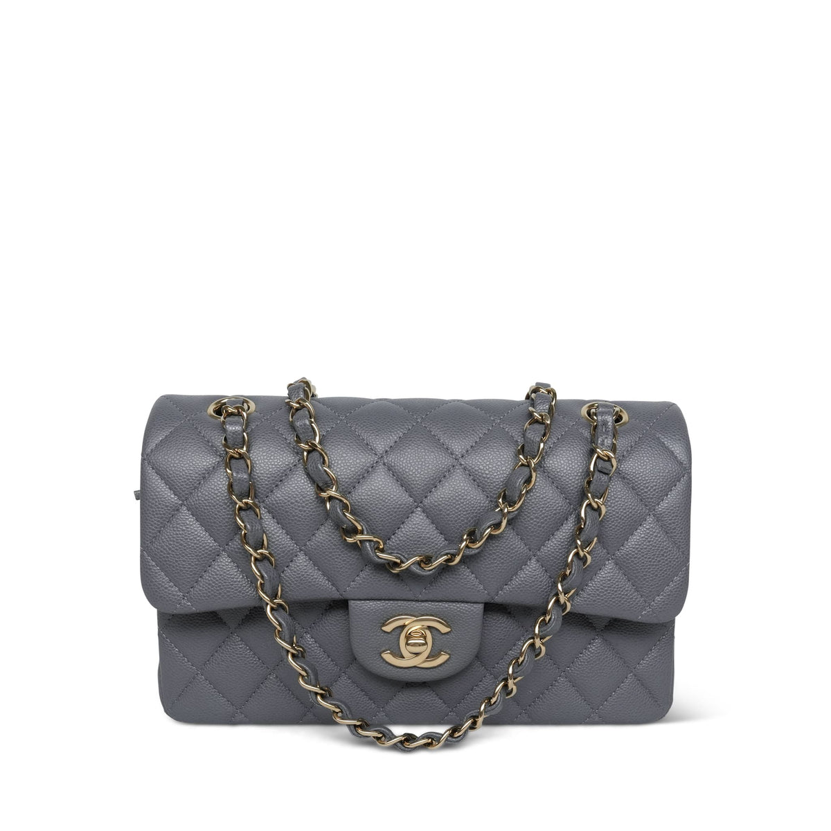 Dark Grey Caviar Quilted Classic Flap Small Light Gold Hardware