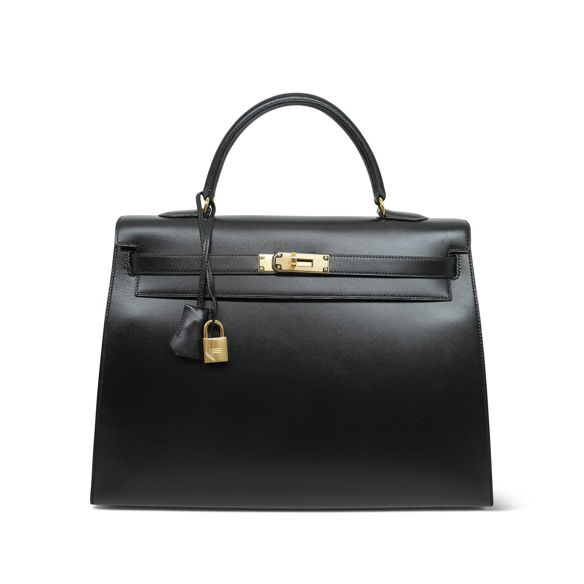 Kelly 35 Black Box Calfskin Gold Plated V Circle Stamp
