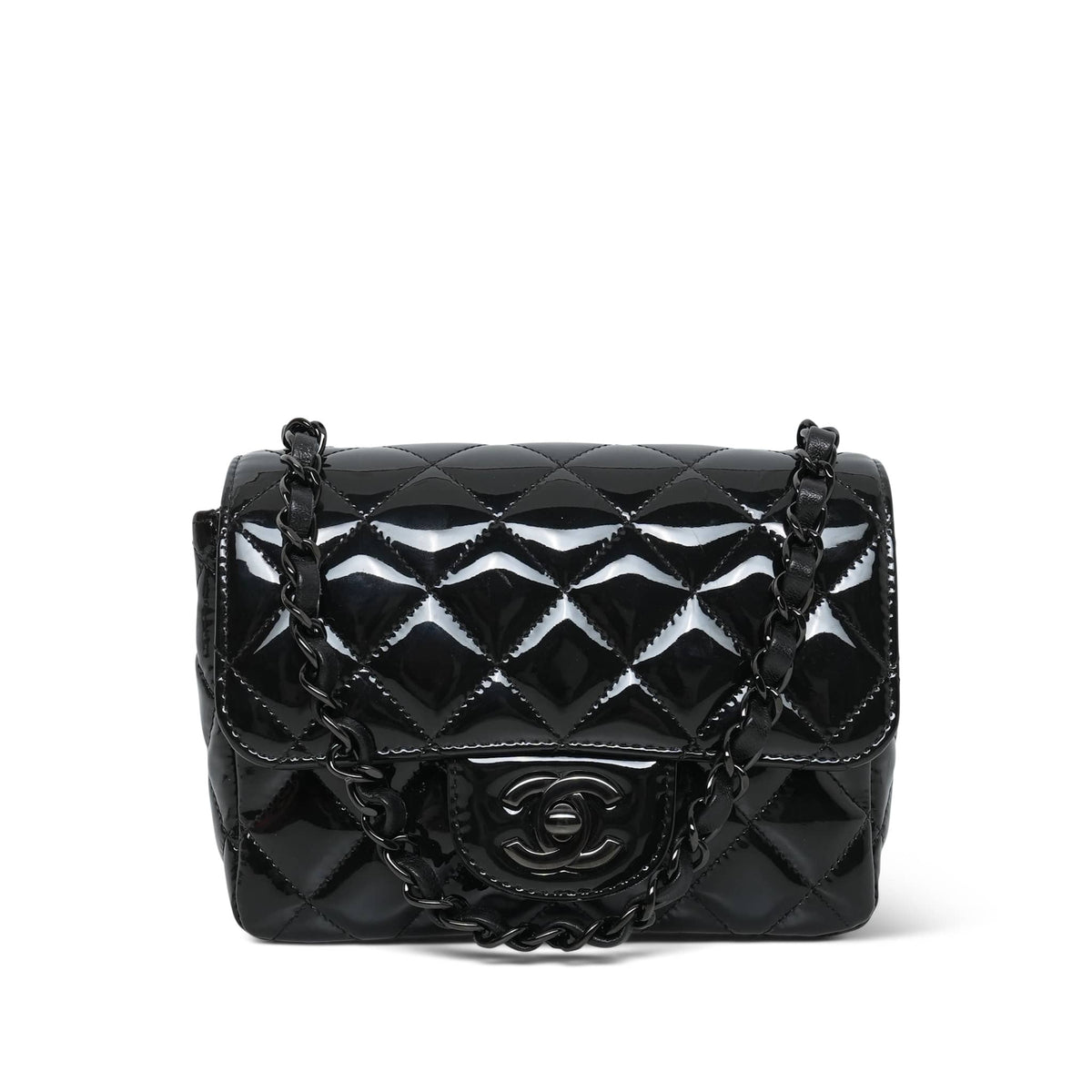 So Black Patent Quilted Mini Square Flap