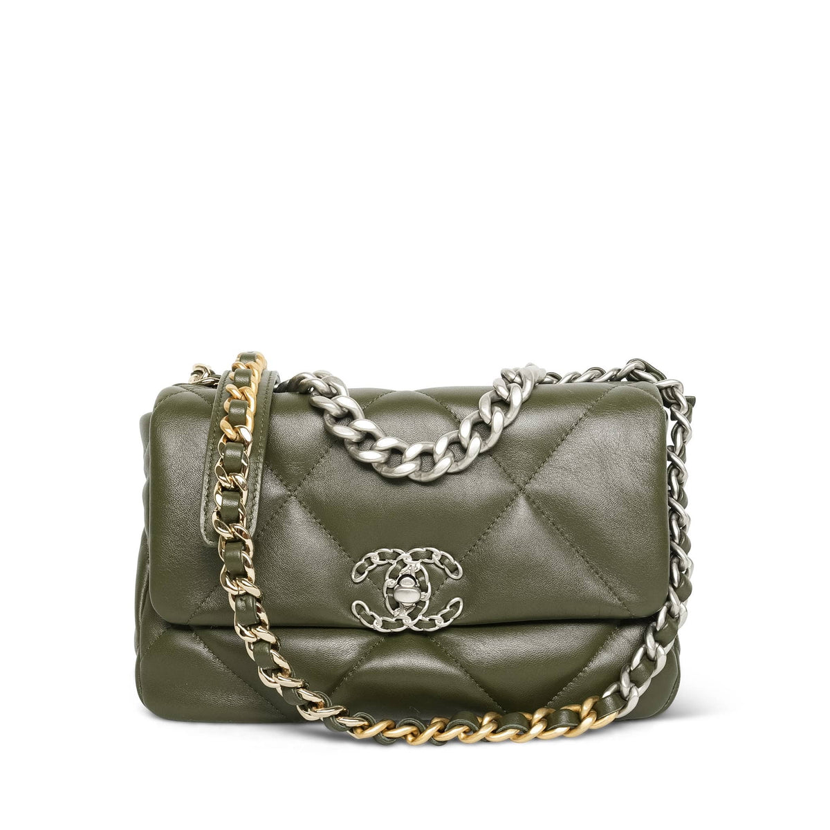 Dark Green Lambskin Quilted 19 Flap Small Mixed Hardware