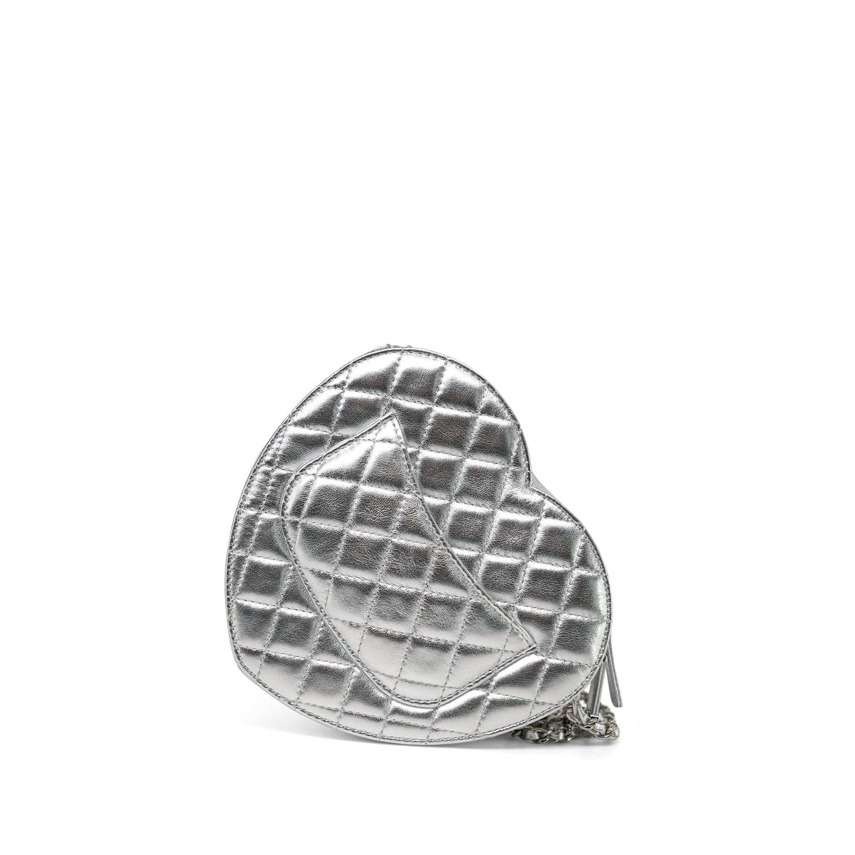 25B Metallic Silver Lambskin Quilted Heart Bag Large SHW