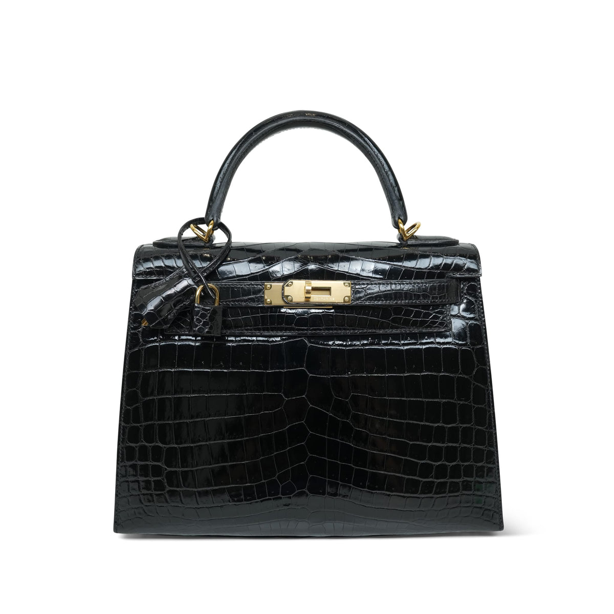 Kelly Sellier 28 Black Crocodile Niloticus Gold Plated R Square Stamp