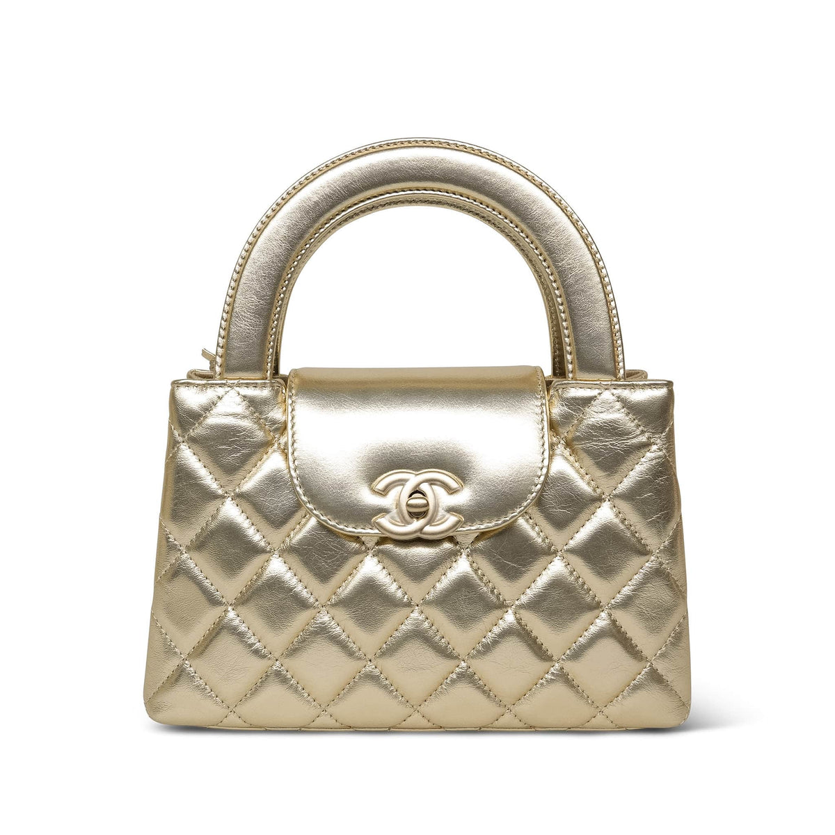 Gold Metallic Crumpled Calfskin Quilted Kelly Shopper Small Aged Gold Hardware