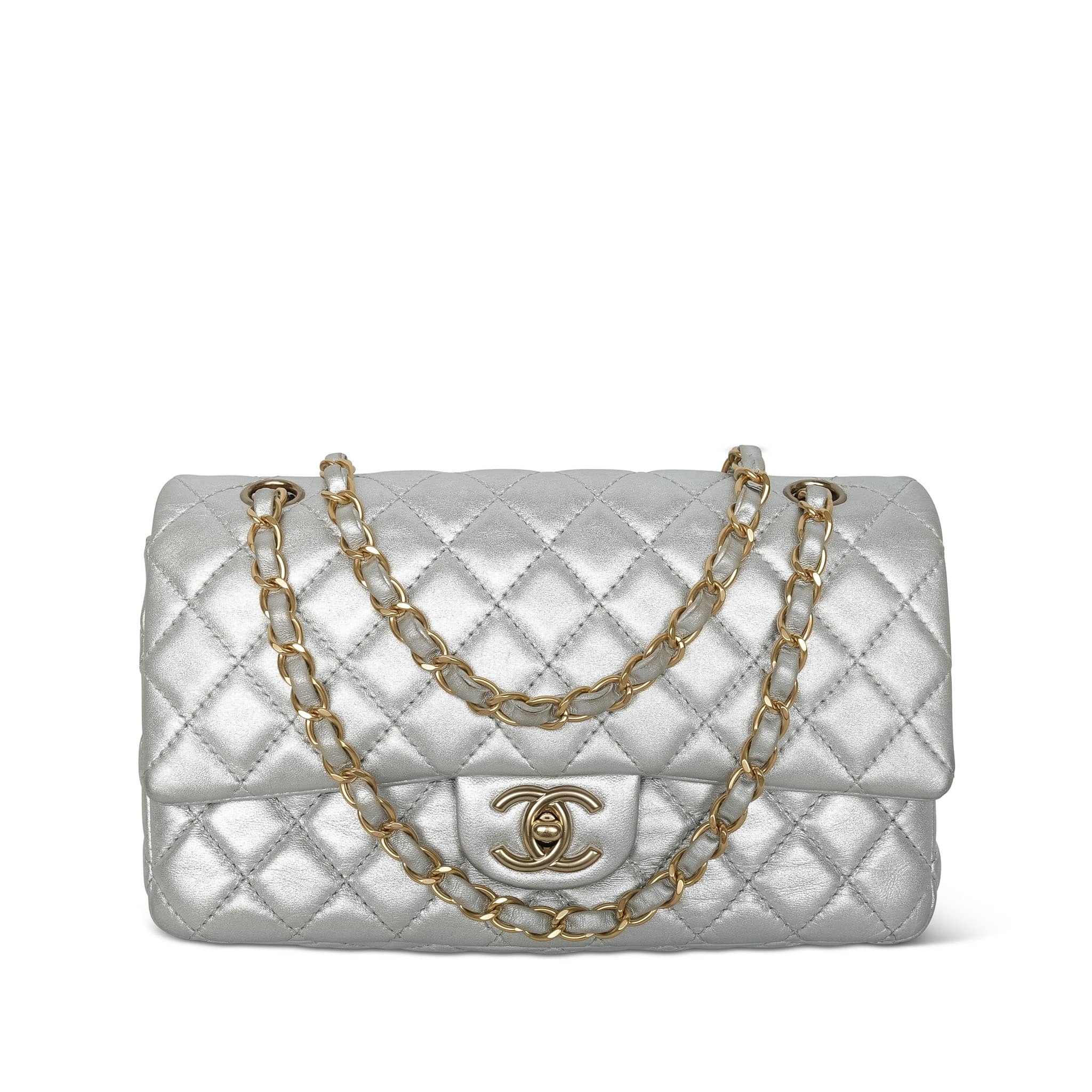 Product image 1 of 28: Silver Metallic Calfskin Quilted Classic Flap Medium Aged Gold Hardware
