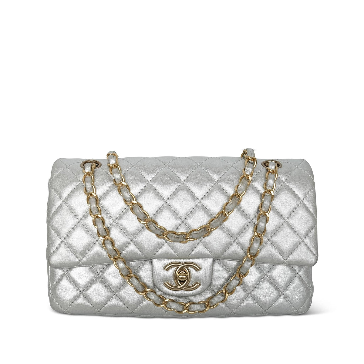 Silver Metallic Calfskin Quilted Classic Flap Medium Aged Gold Hardware