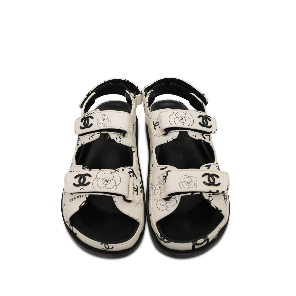 23P Black White Lambskin Quilted Logo CC Printed Velcro Strap Sandals Size 38.5