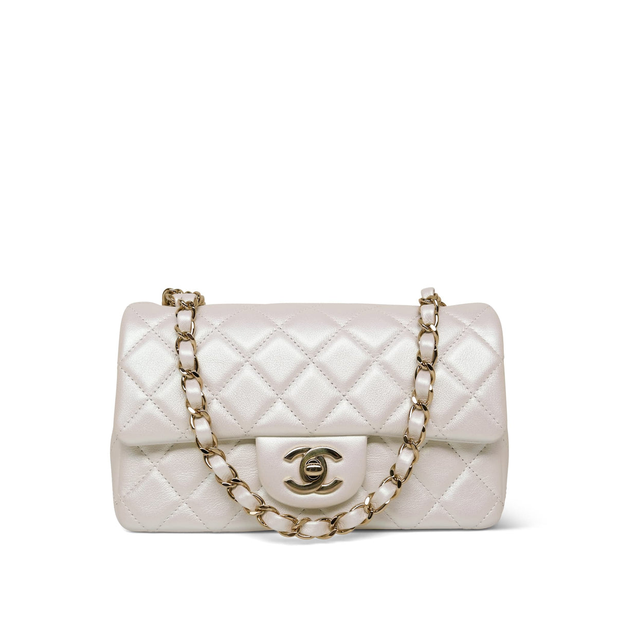 21S White Iridescent Calfskin Mini Rectangular Flap Light Gold Hardware
