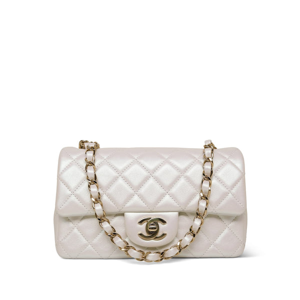 21S White Iridescent Calfskin Mini Rectangular Flap Light Gold