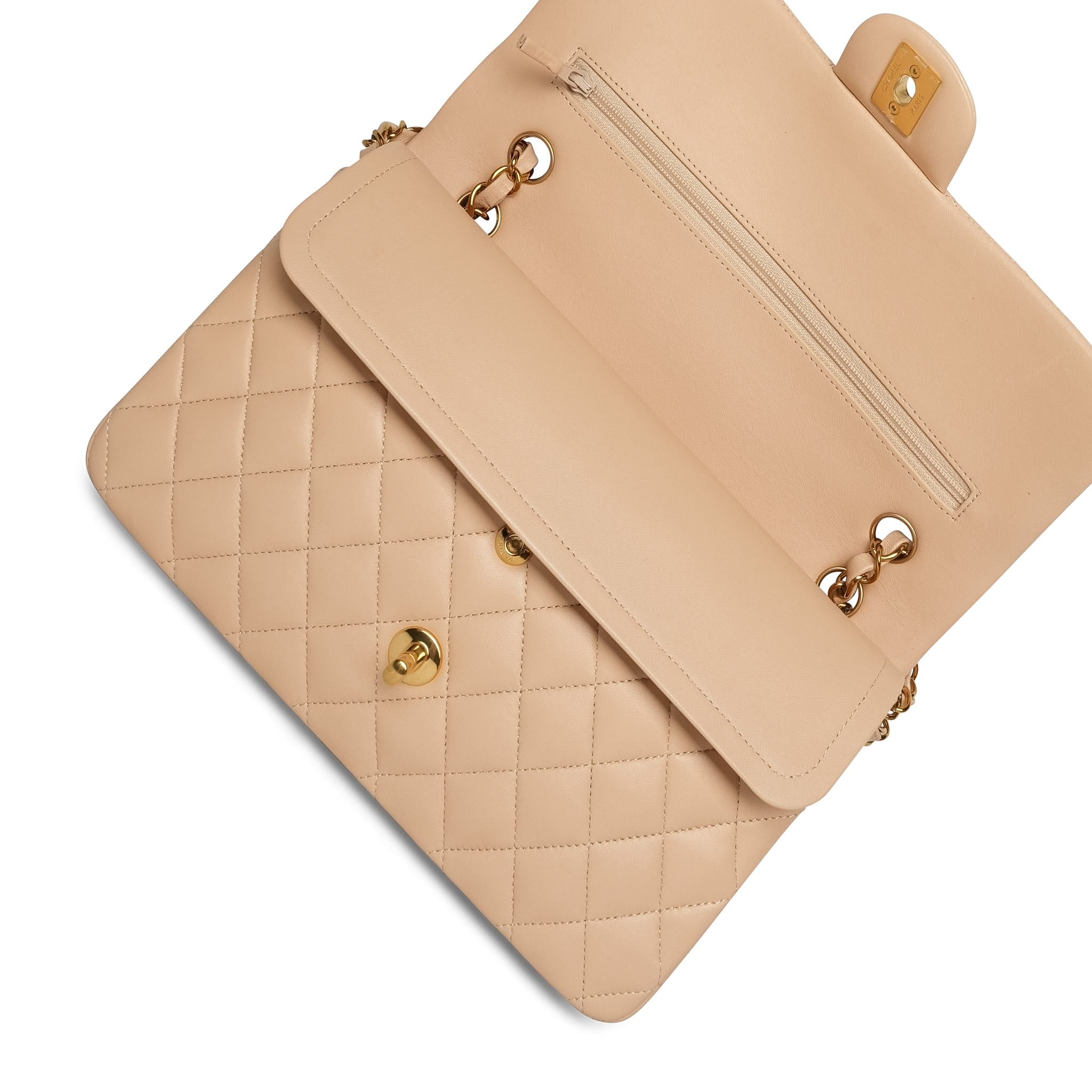 Beige Clair Lambskin Quilted Classic Flap Medium Gold HW