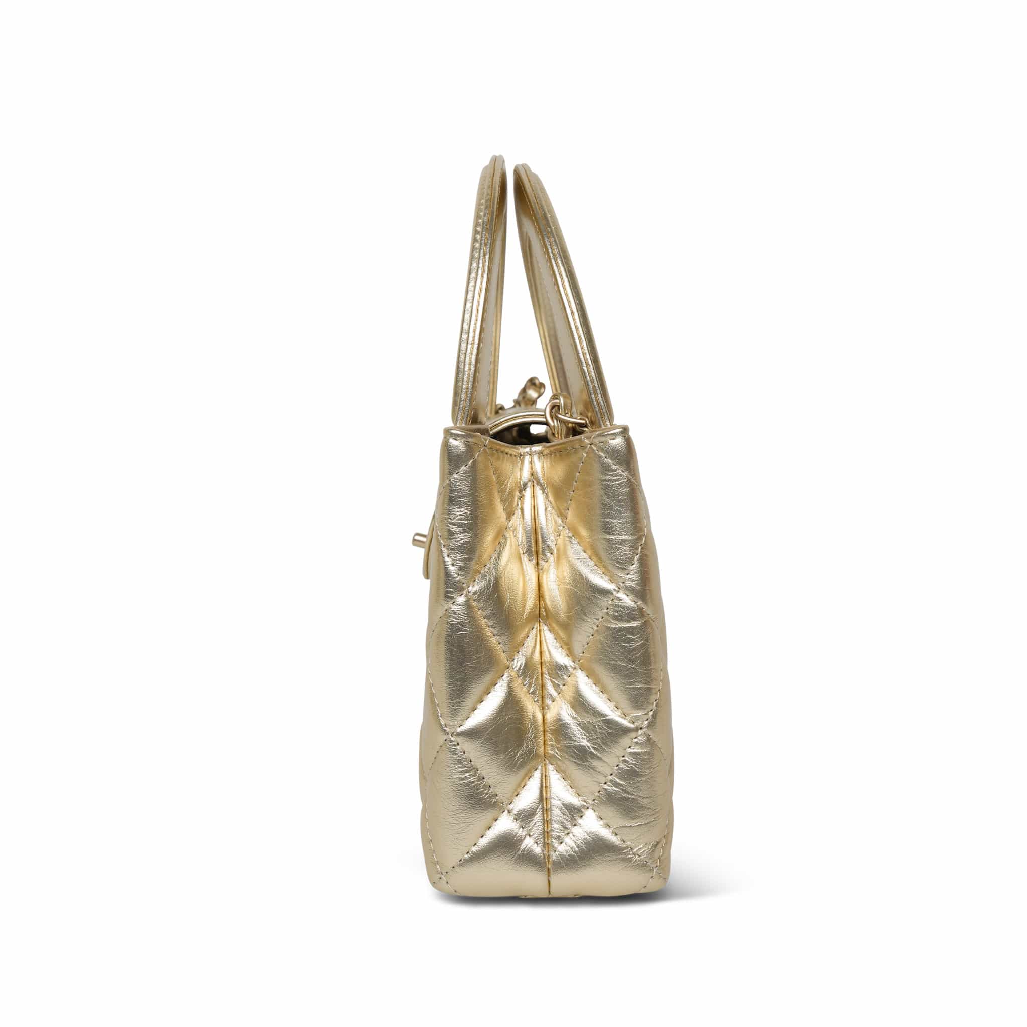 Product image 7 of 17: Gold Metallic Crumpled Calfskin Quilted Kelly Shopper Small Aged Gold Hardware