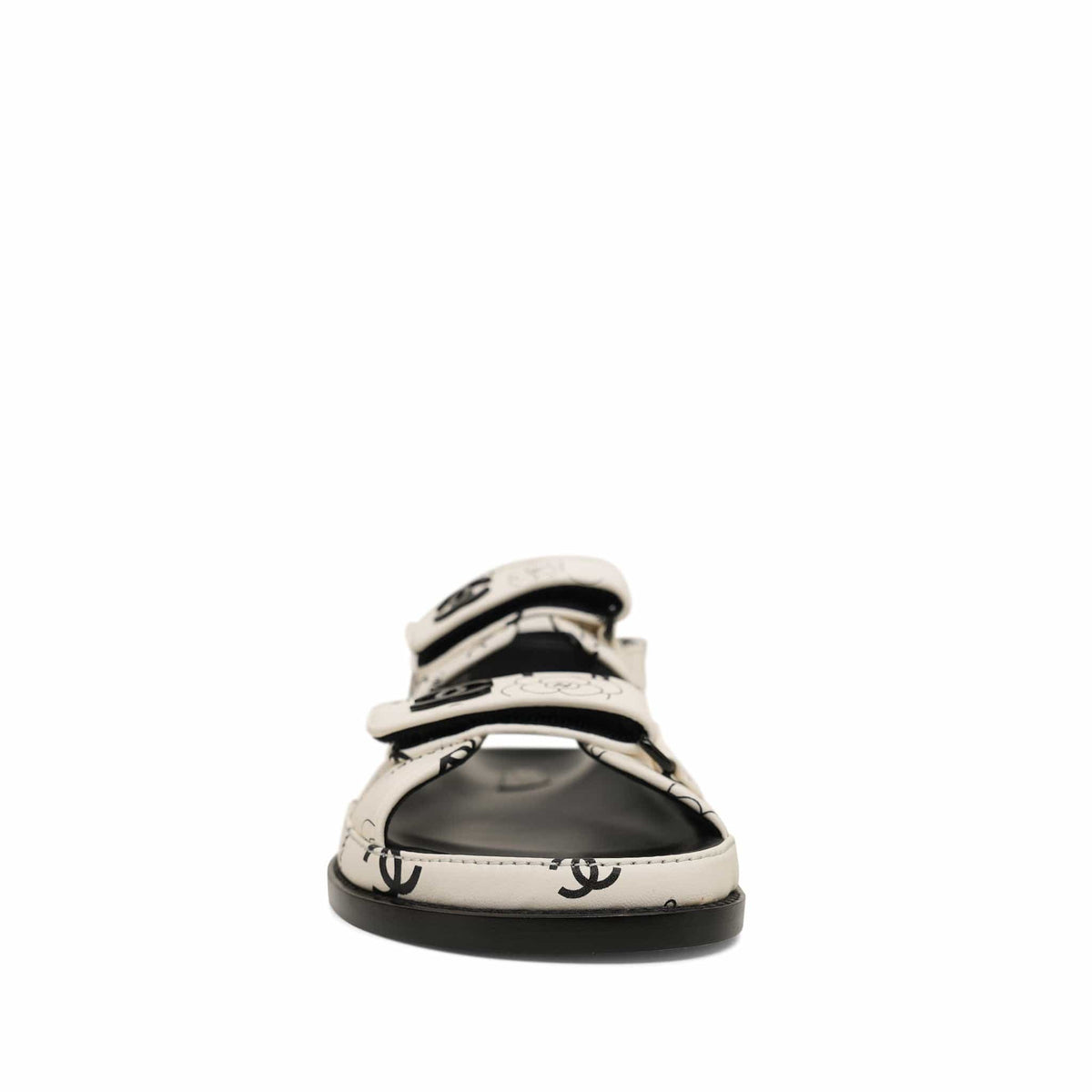 23P Black White Lambskin Quilted Logo CC Printed Velcro Strap Sandals Size 38.5