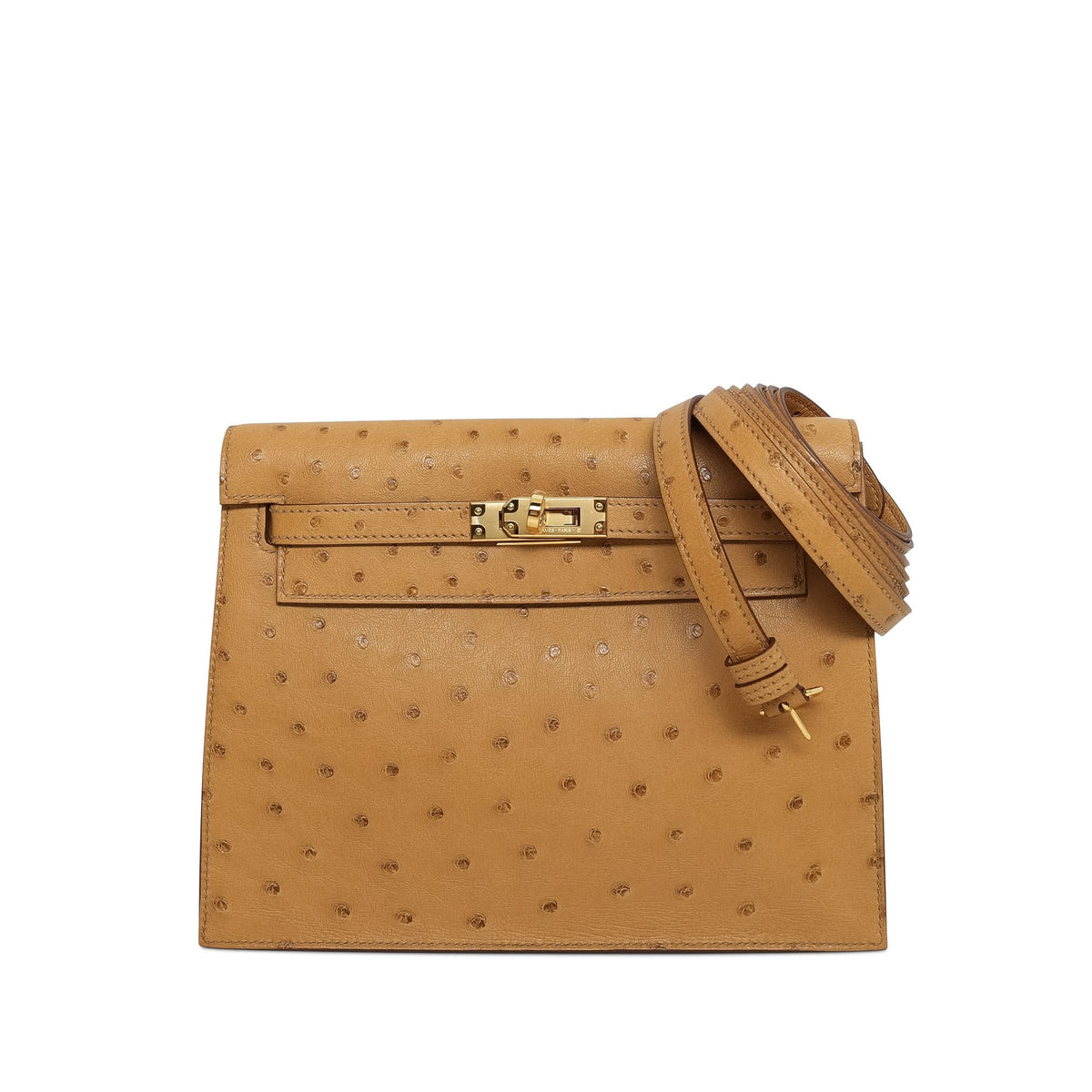 Kelly Danse Tabac Camel Ostrich Gold Plated G Stamp