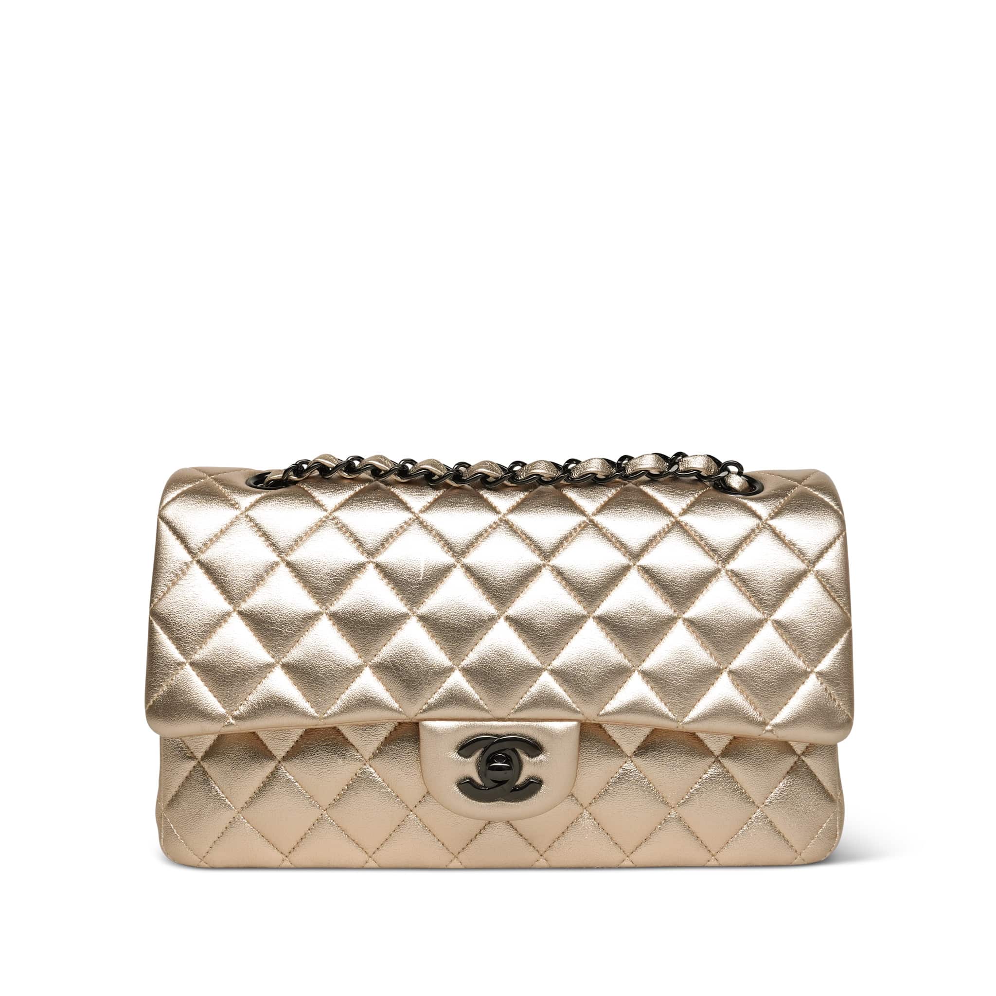 Product image 1 of 23: Light Gold Metallic Lambskin Quilted Classic Flap Medium So Black Hardware