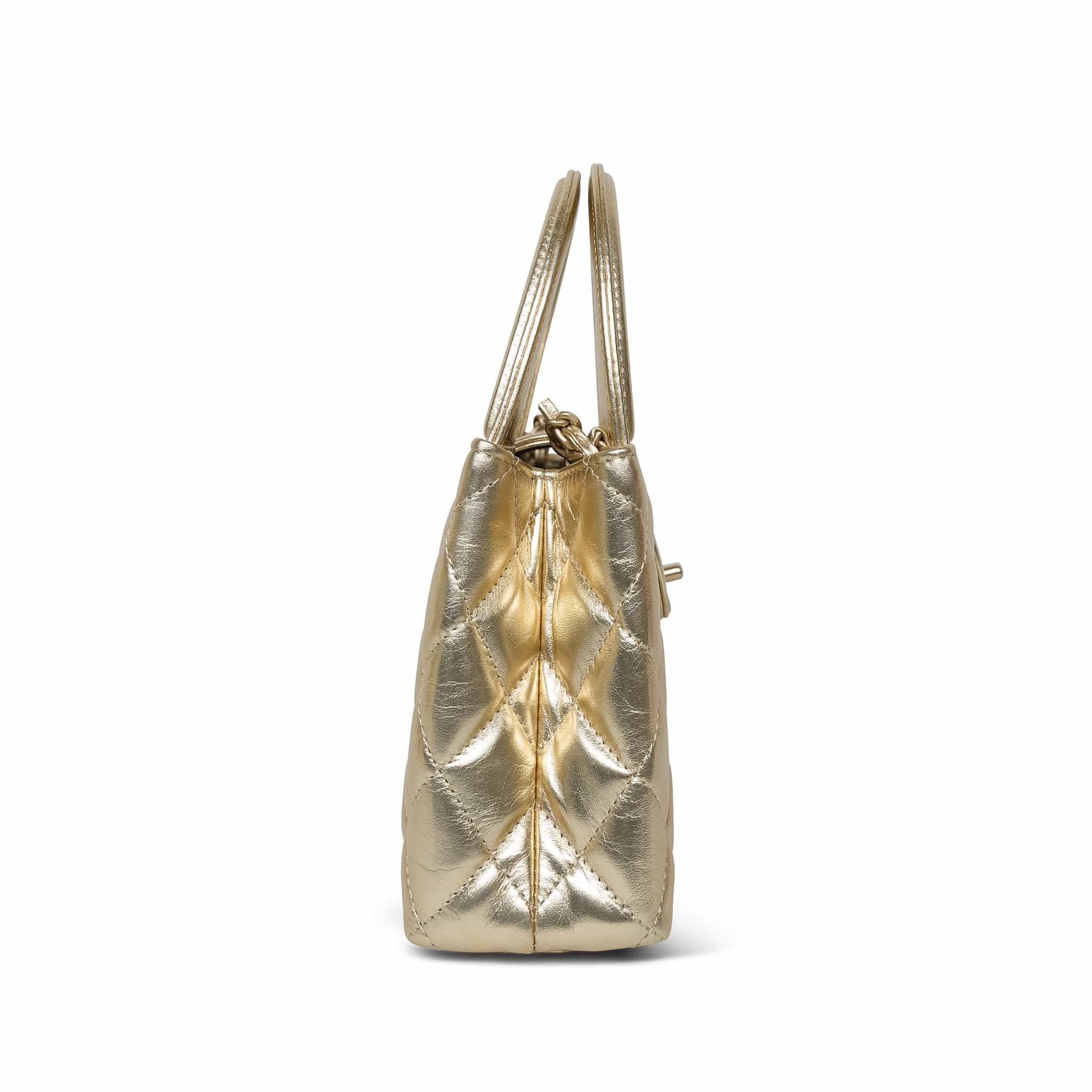 Product image 4 of 17: Gold Metallic Crumpled Calfskin Quilted Kelly Shopper Small Aged Gold Hardware