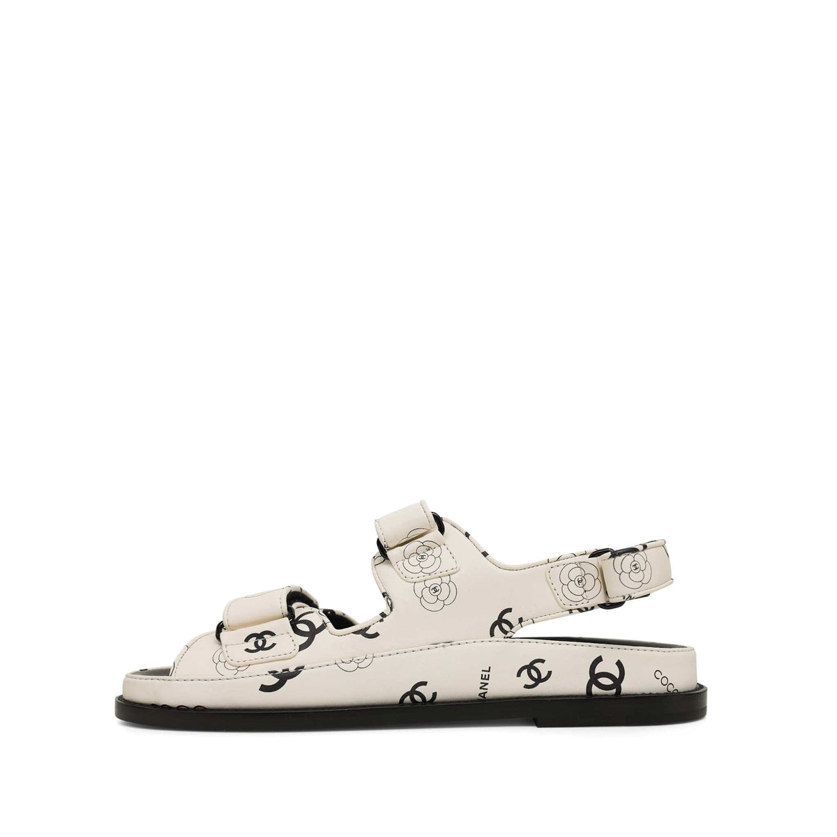 23P Black White Lambskin Quilted Logo CC Printed Velcro Strap Sandals Size 38.5