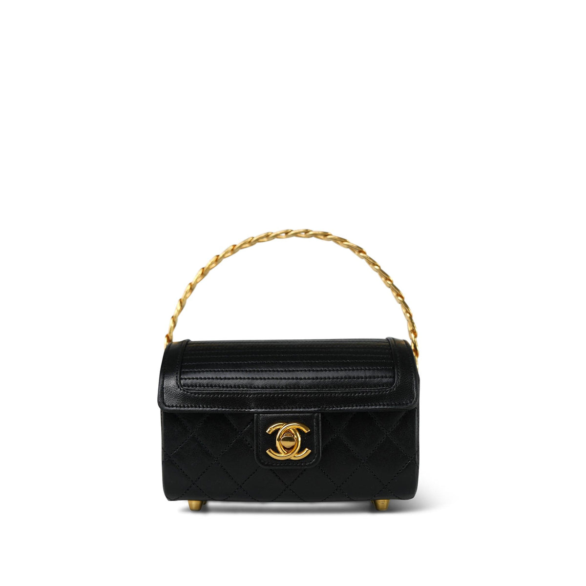Black Lambskin Quilted Mini Vanity Chest With Handle Gold Hardware