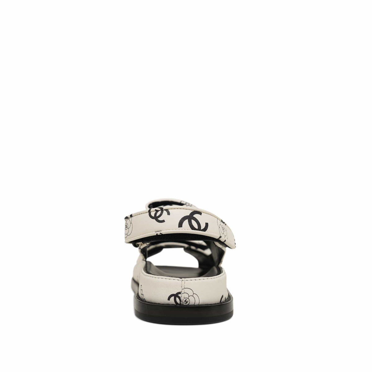 23P Black White Lambskin Quilted Logo CC Printed Velcro Strap Sandals Size 38.5