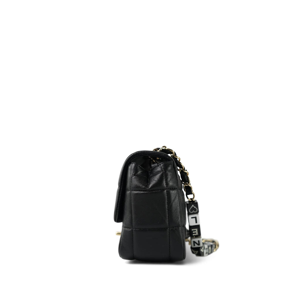 Black Lambskin Quilted Monacoco Mini Square Flap Light Gold Hardware