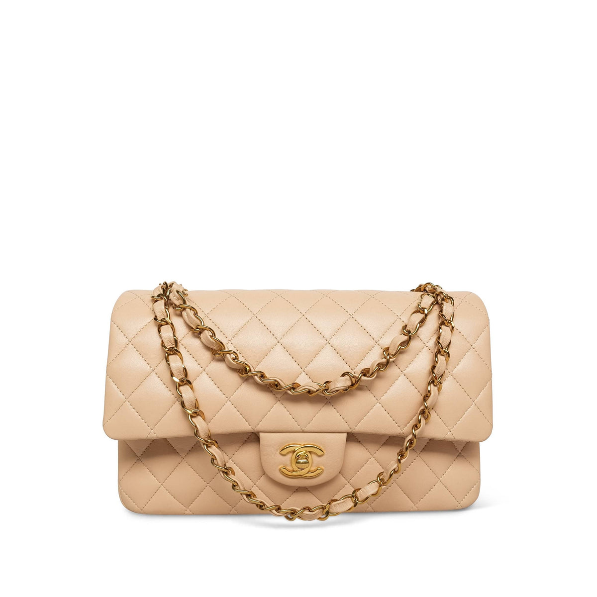 Beige Clair Lambskin Quilted Classic Flap Medium Gold HW