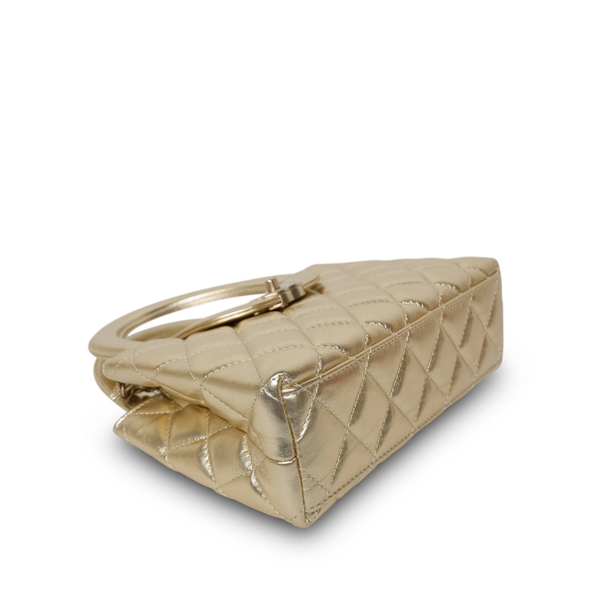 Product image 9 of 17: Gold Metallic Crumpled Calfskin Quilted Kelly Shopper Small Aged Gold Hardware