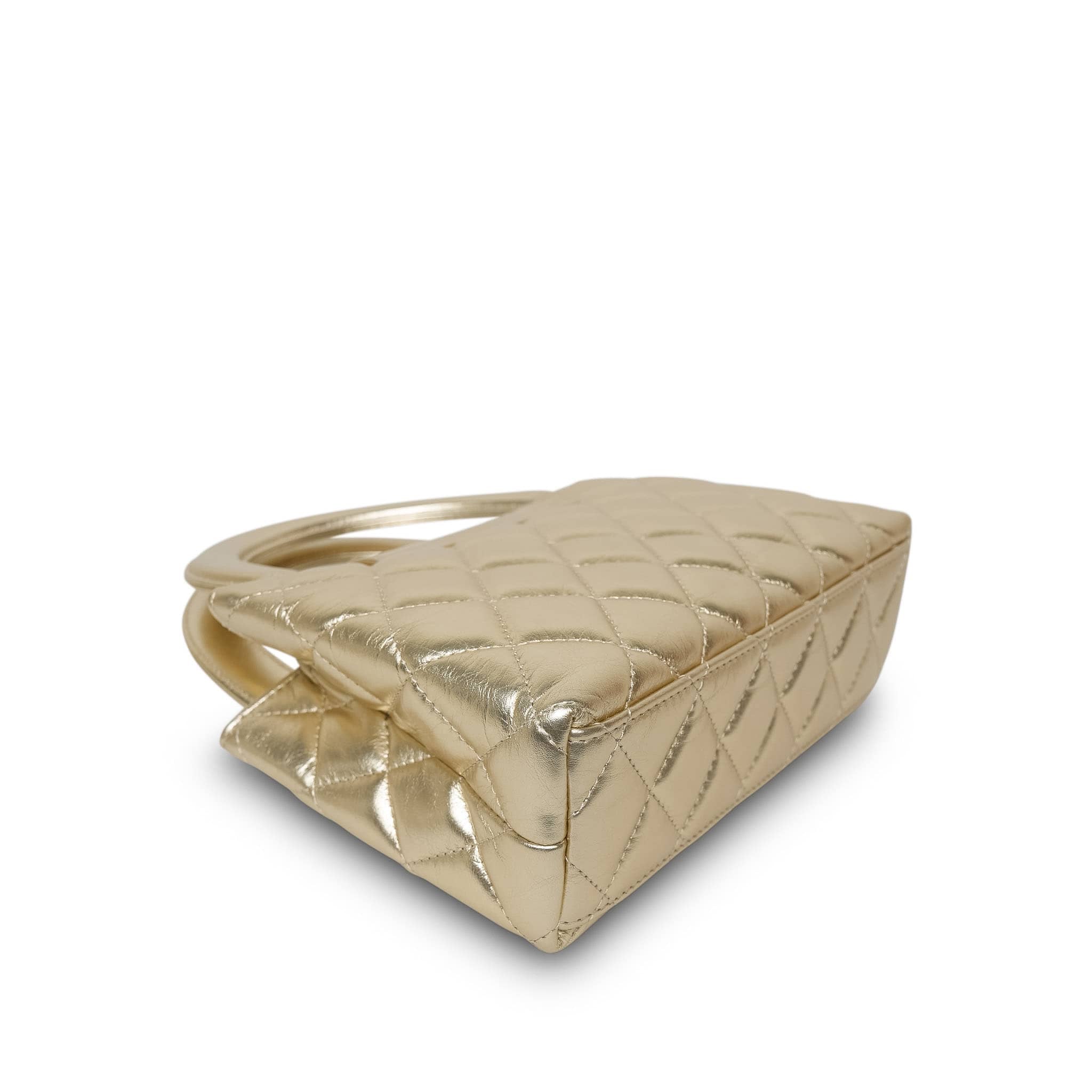 Product image 12 of 17: Gold Metallic Crumpled Calfskin Quilted Kelly Shopper Small Aged Gold Hardware