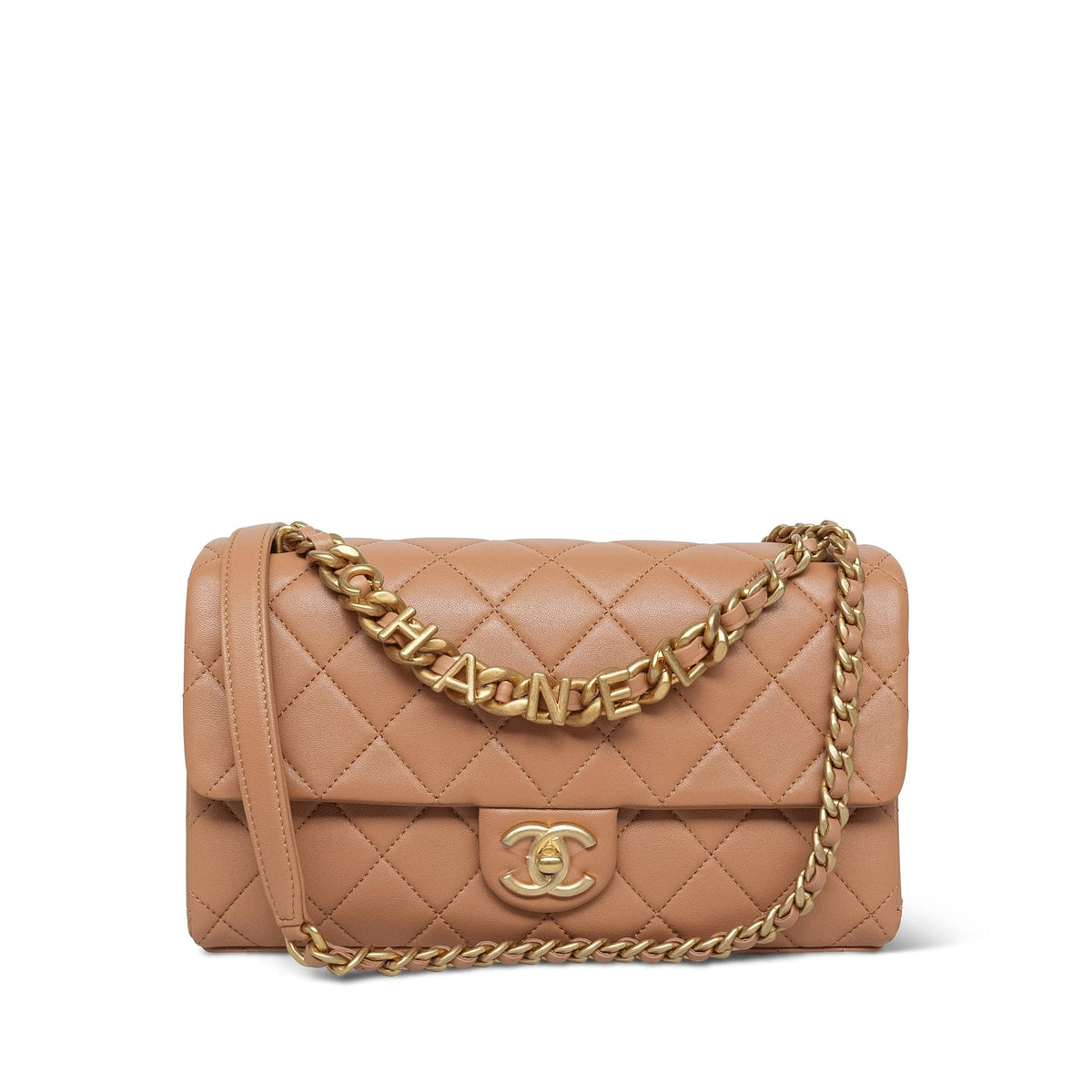 23P Caramel Lambskin Quilted Spellout Chain Single Flap Bag AGHW