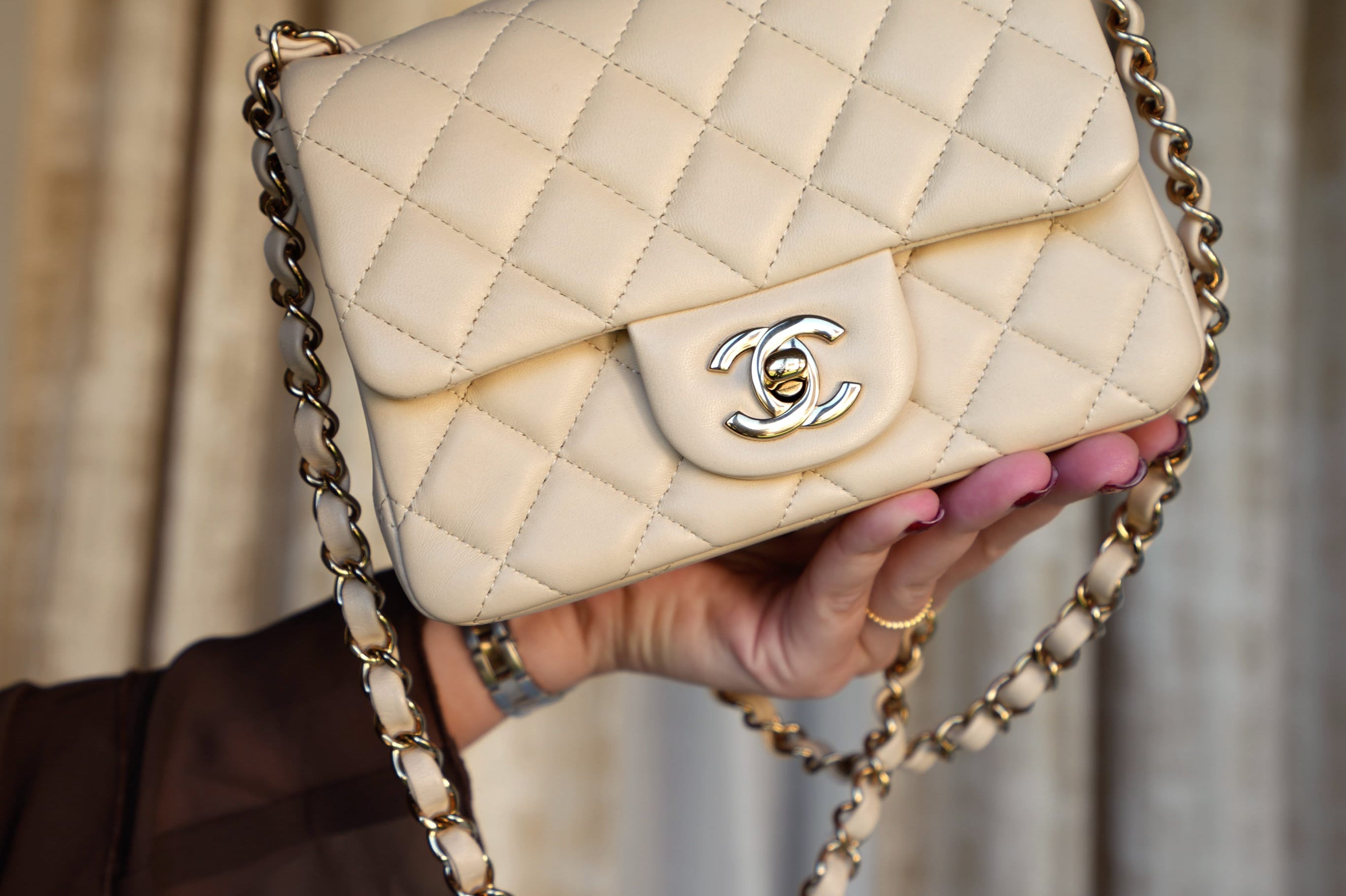 Product image 10 of 17: Light Beige Lambskin Quilted Mini Square Flap LGHW