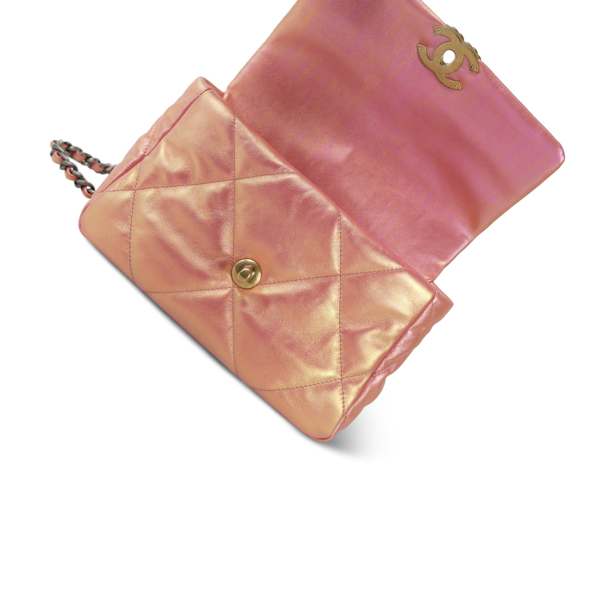 Pink Iridescent Calfskin Quilted 19 Flap Small Mixed Hardware