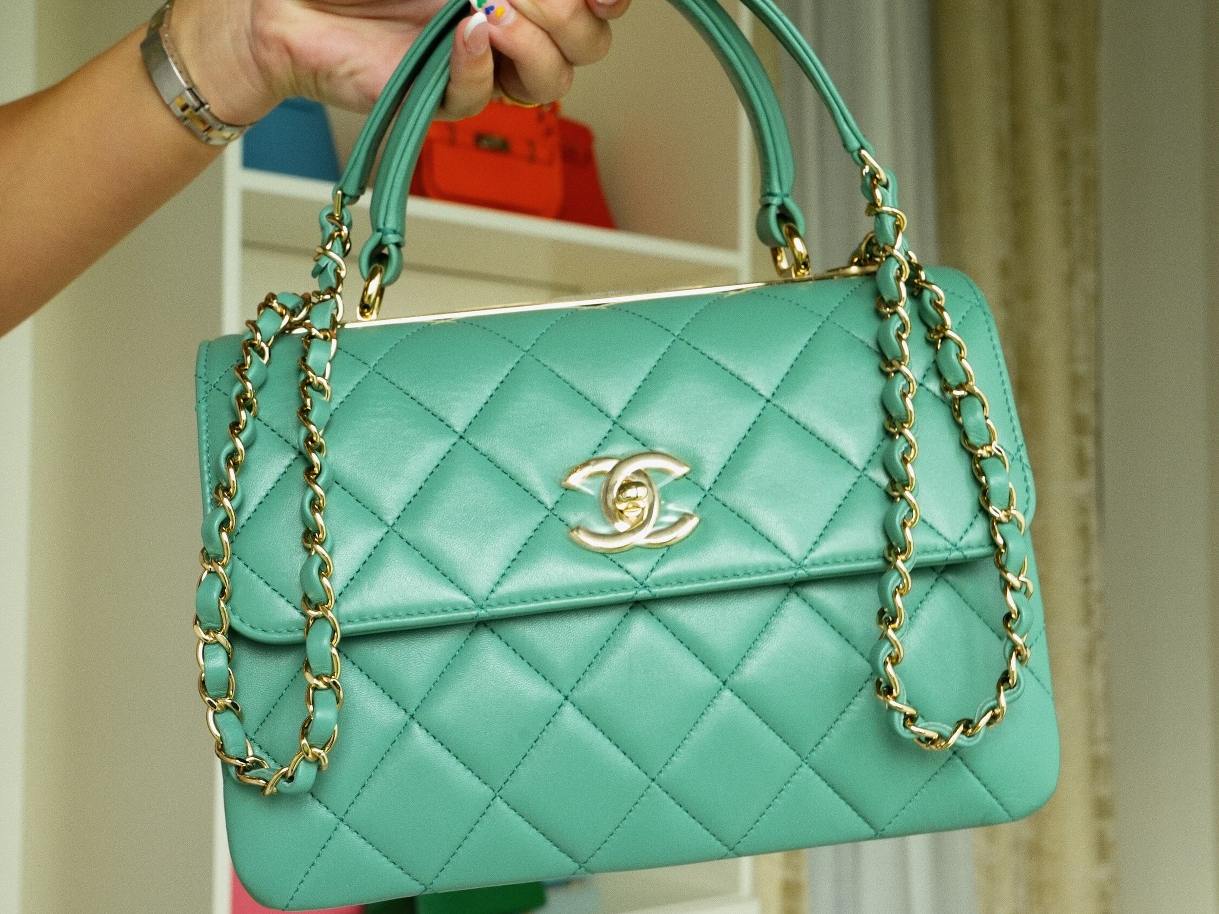 Green Lambskin Quilted Trendy CC Small Light Gold Hardware