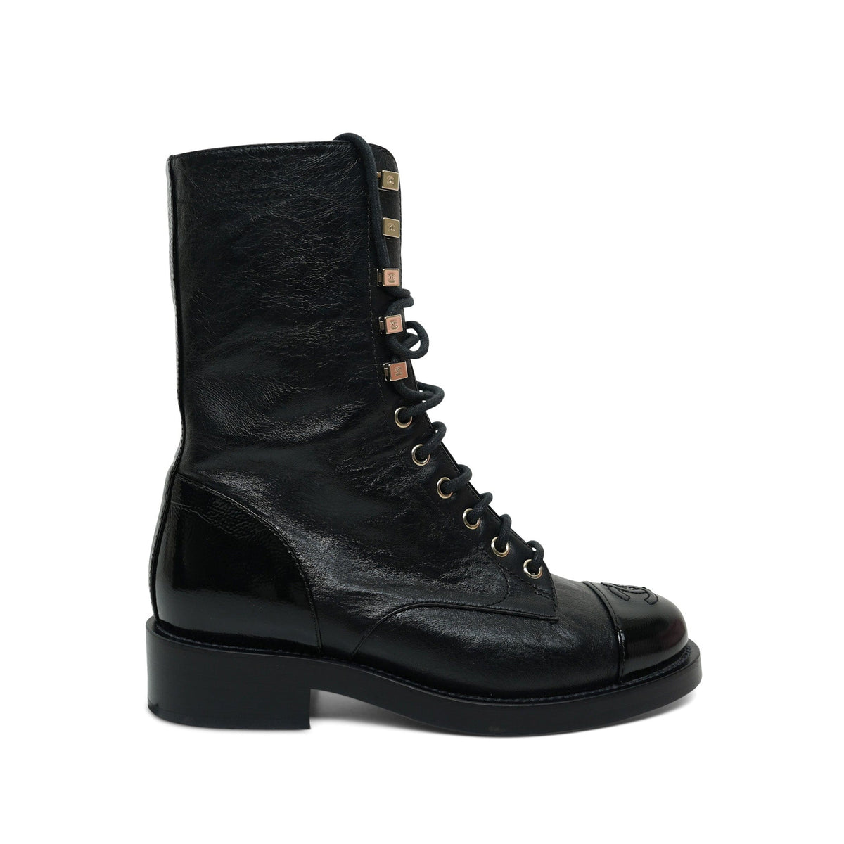 21P Black Crumpled Lambskin & Shiny Calfskin Lace Up Combat Boots Size 35.5