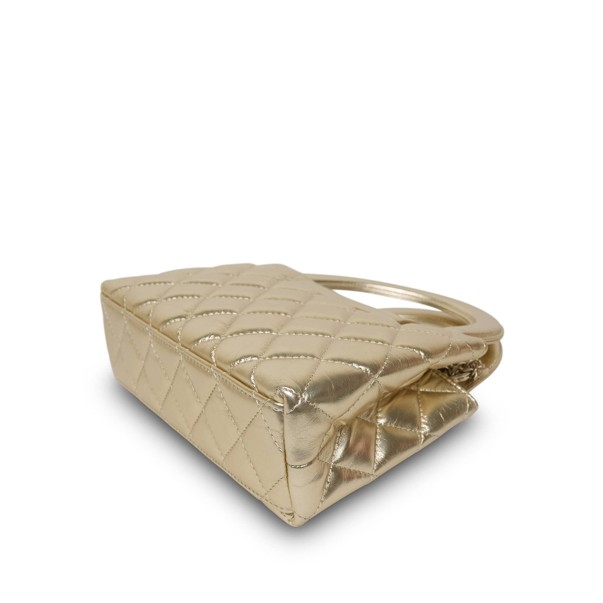 Product image 13 of 17: Gold Metallic Crumpled Calfskin Quilted Kelly Shopper Small Aged Gold Hardware