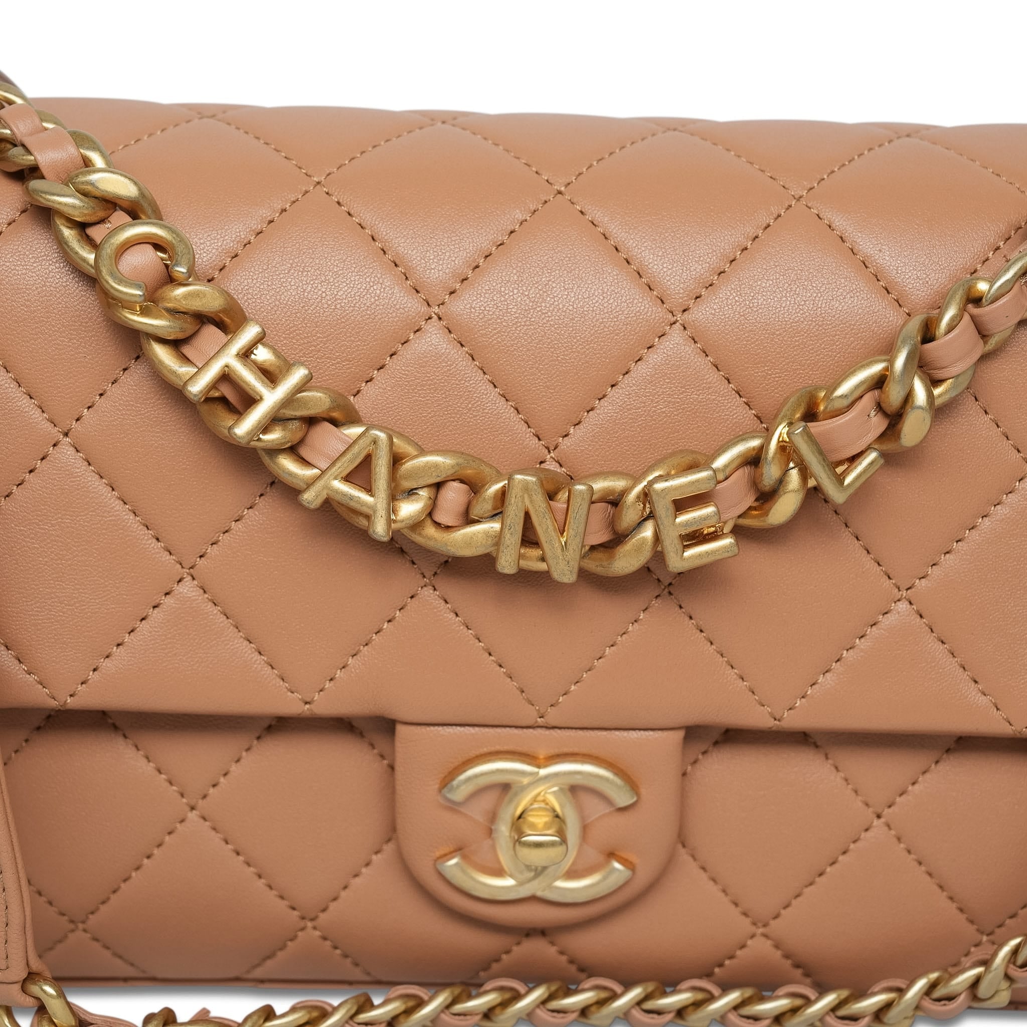 Product image 2 of 14: 23P Caramel Lambskin Quilted Spellout Chain Single Flap Bag AGHW