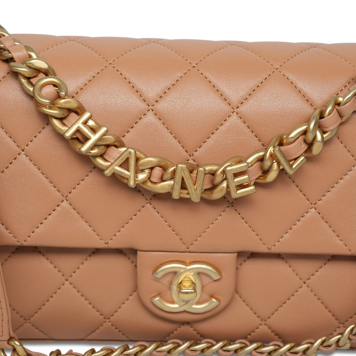 23P Caramel Lambskin Quilted Spellout Chain Single Flap Bag AGHW