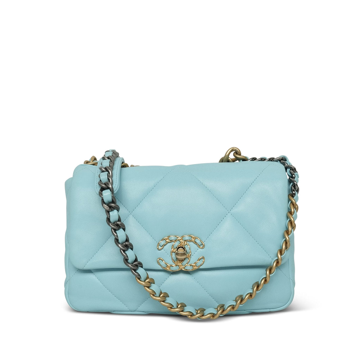 Light Blue Lambskin Quilted 19 Flap Small Mixed Hardware
