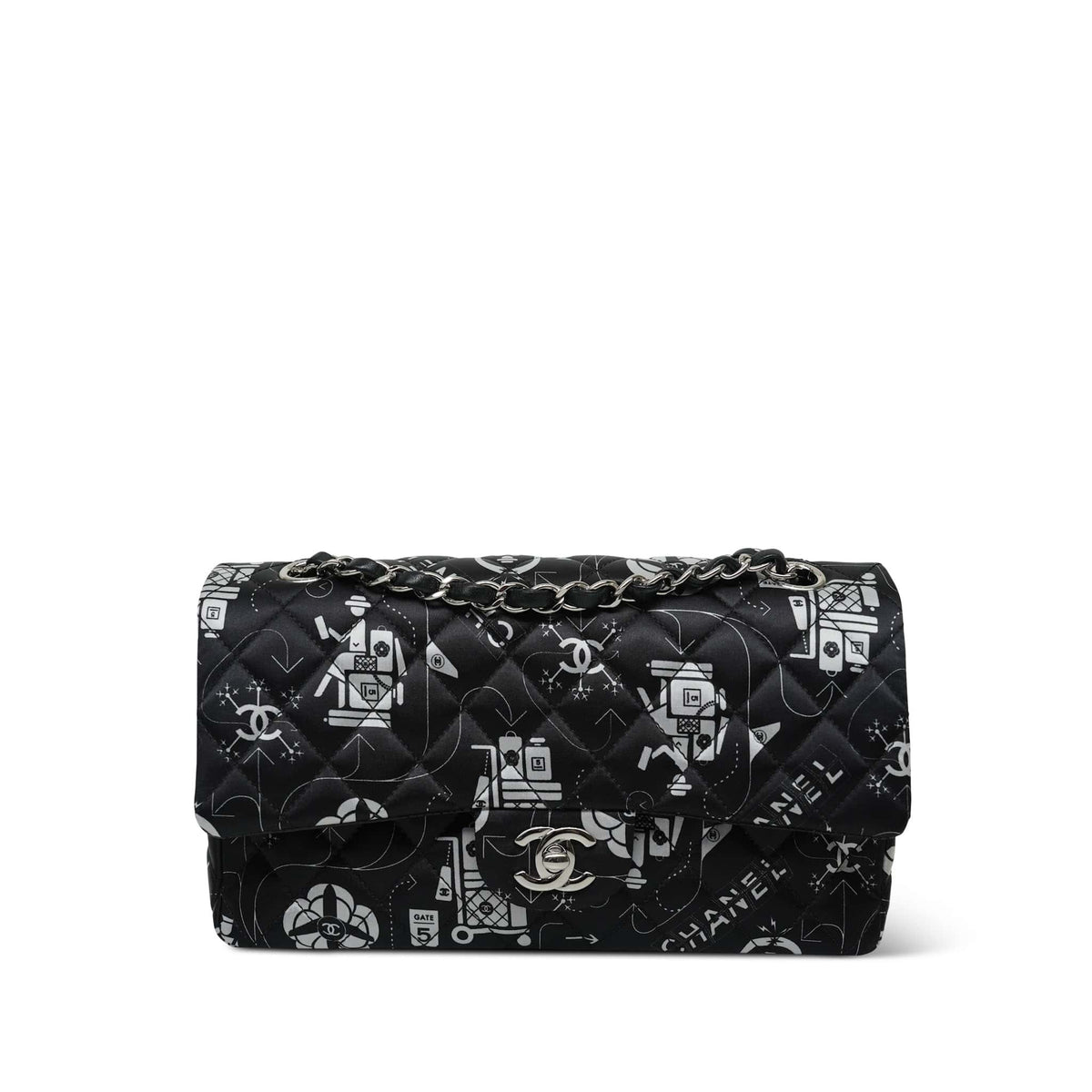 Black White Airline Printed Satin Classic Flap Medium Silver Hardware